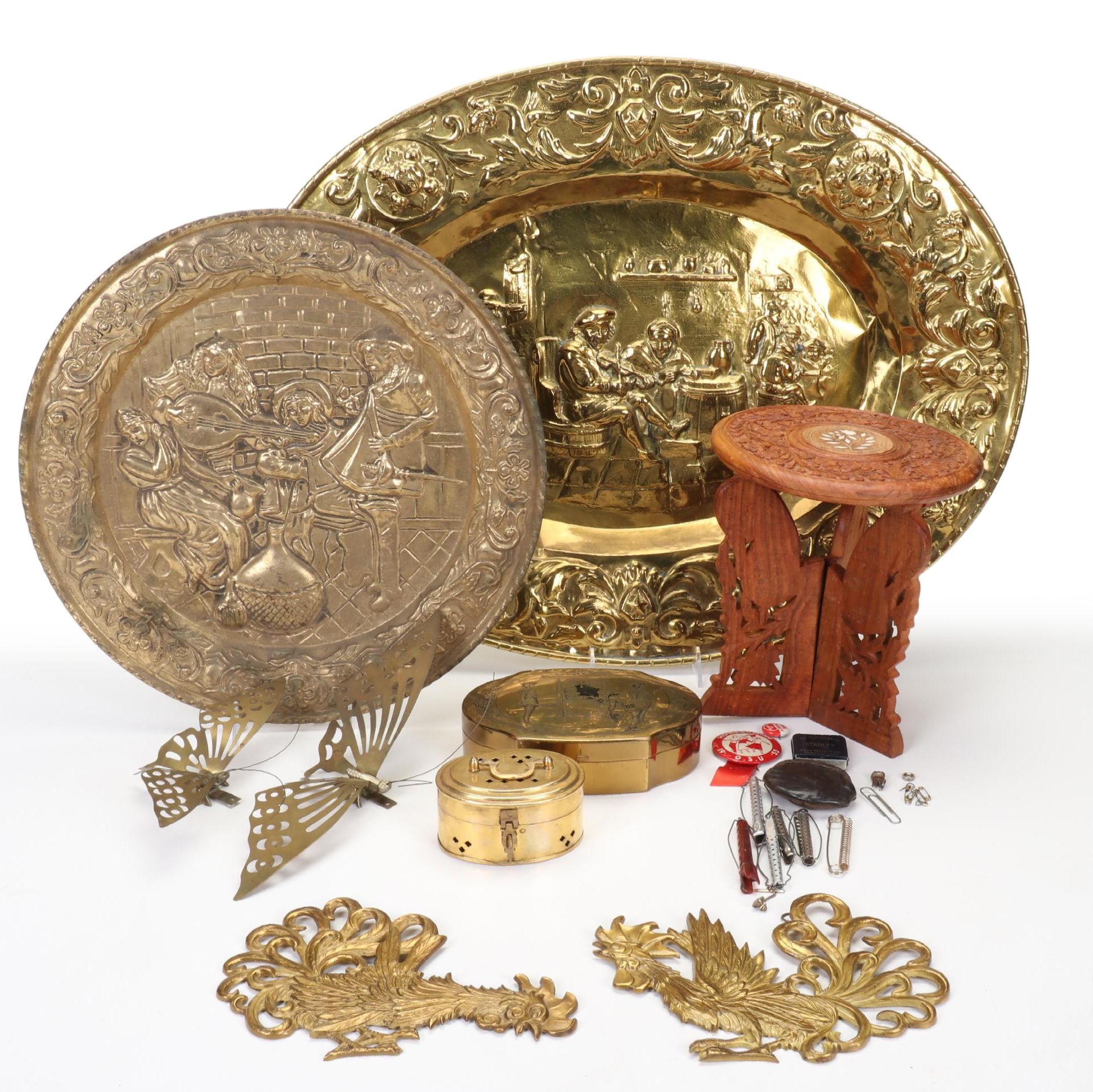 Pressed Brass Wall Hanging, Carved Wood Plant Stand, Schrafft's Candy Box & More