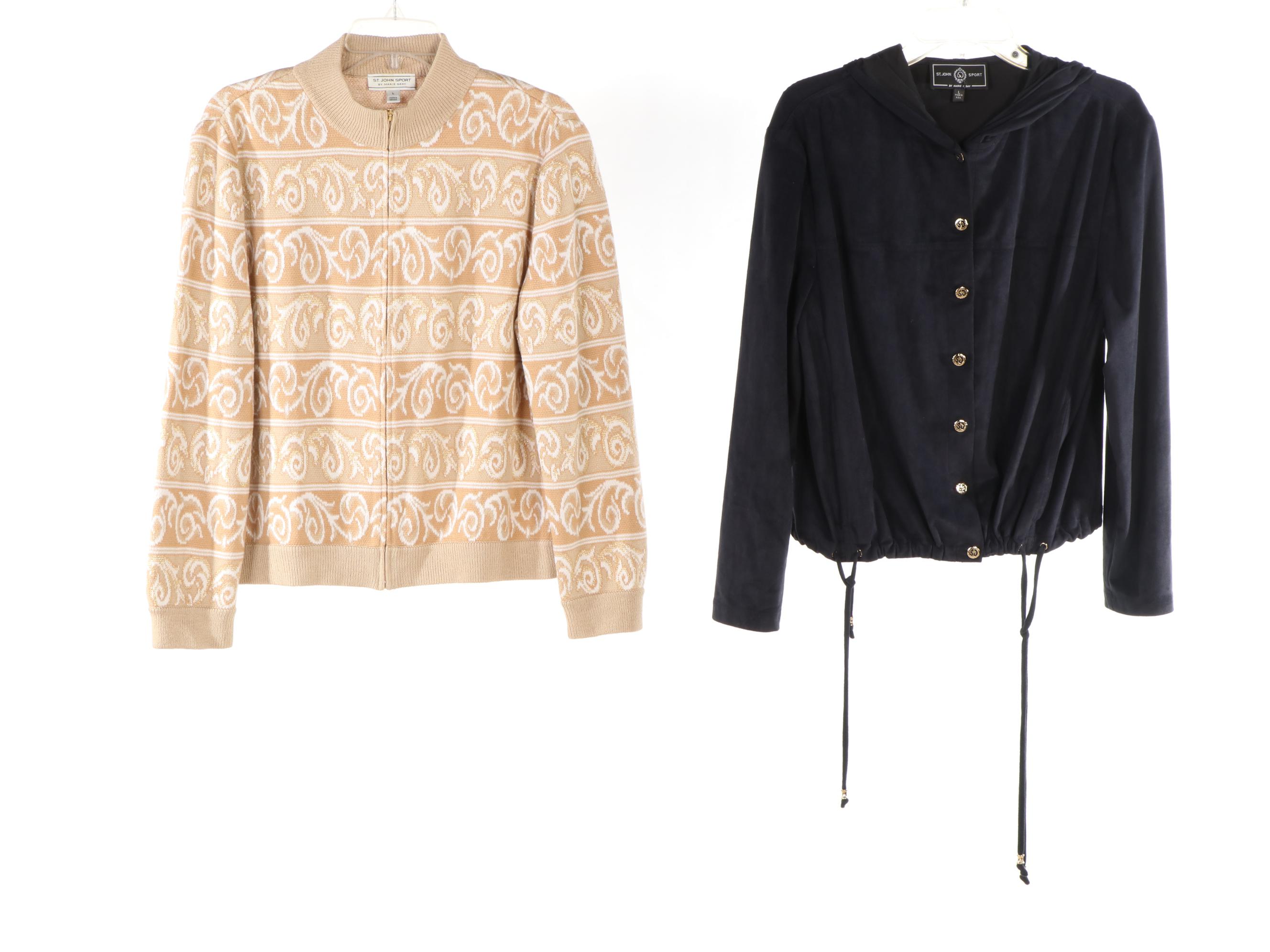 St. John Sport Zip-Front Sweater, Button-Front Hoodie, and Stretch Trousers