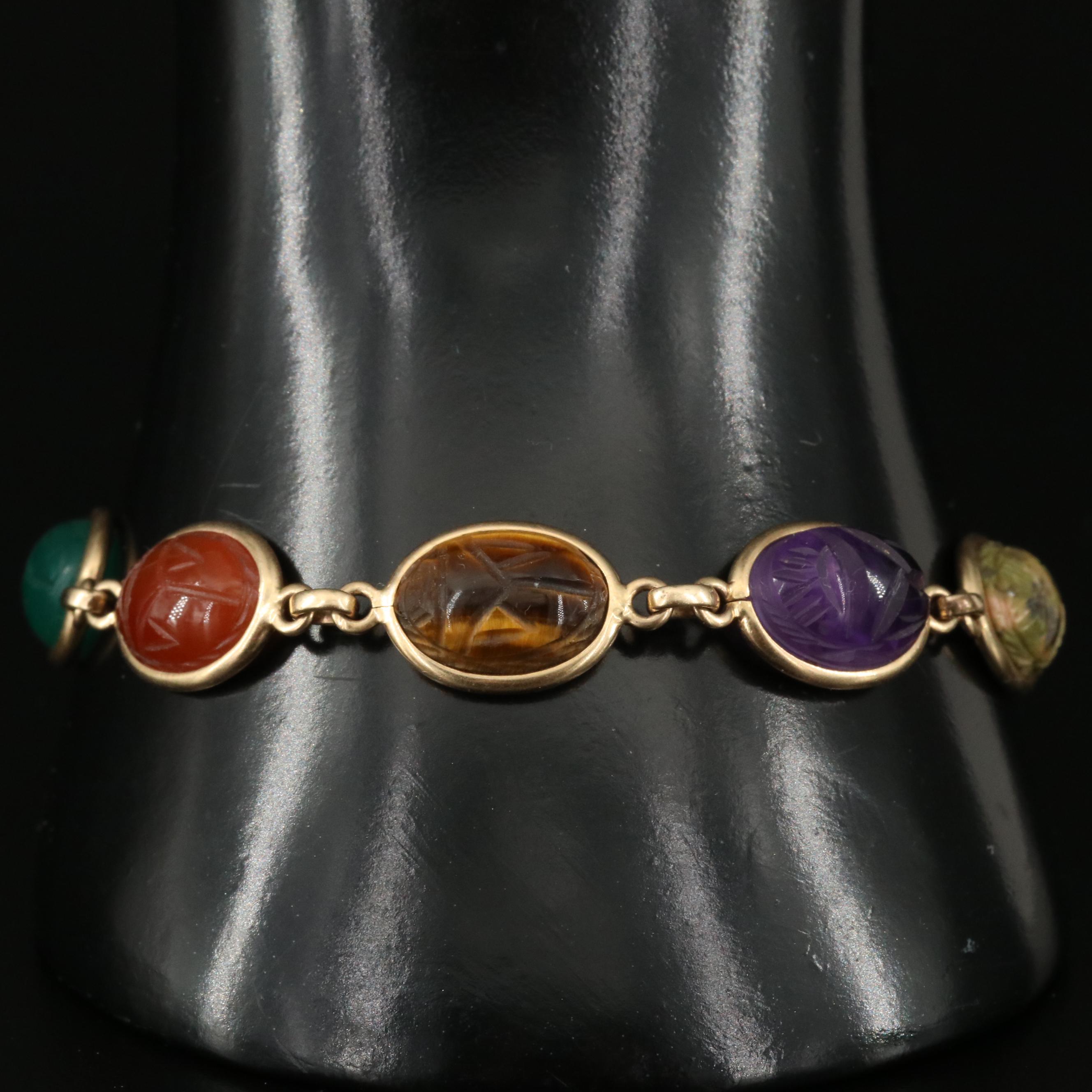 14K Scarab Bracelet Including Unakite, Carnelian, Chalcedony and Rose Quartz