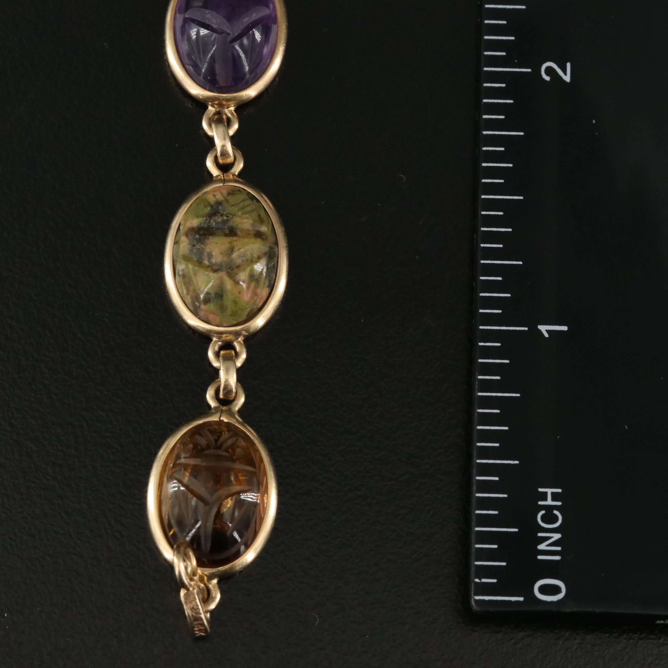 14K Scarab Bracelet Including Unakite, Carnelian, Chalcedony and Rose Quartz