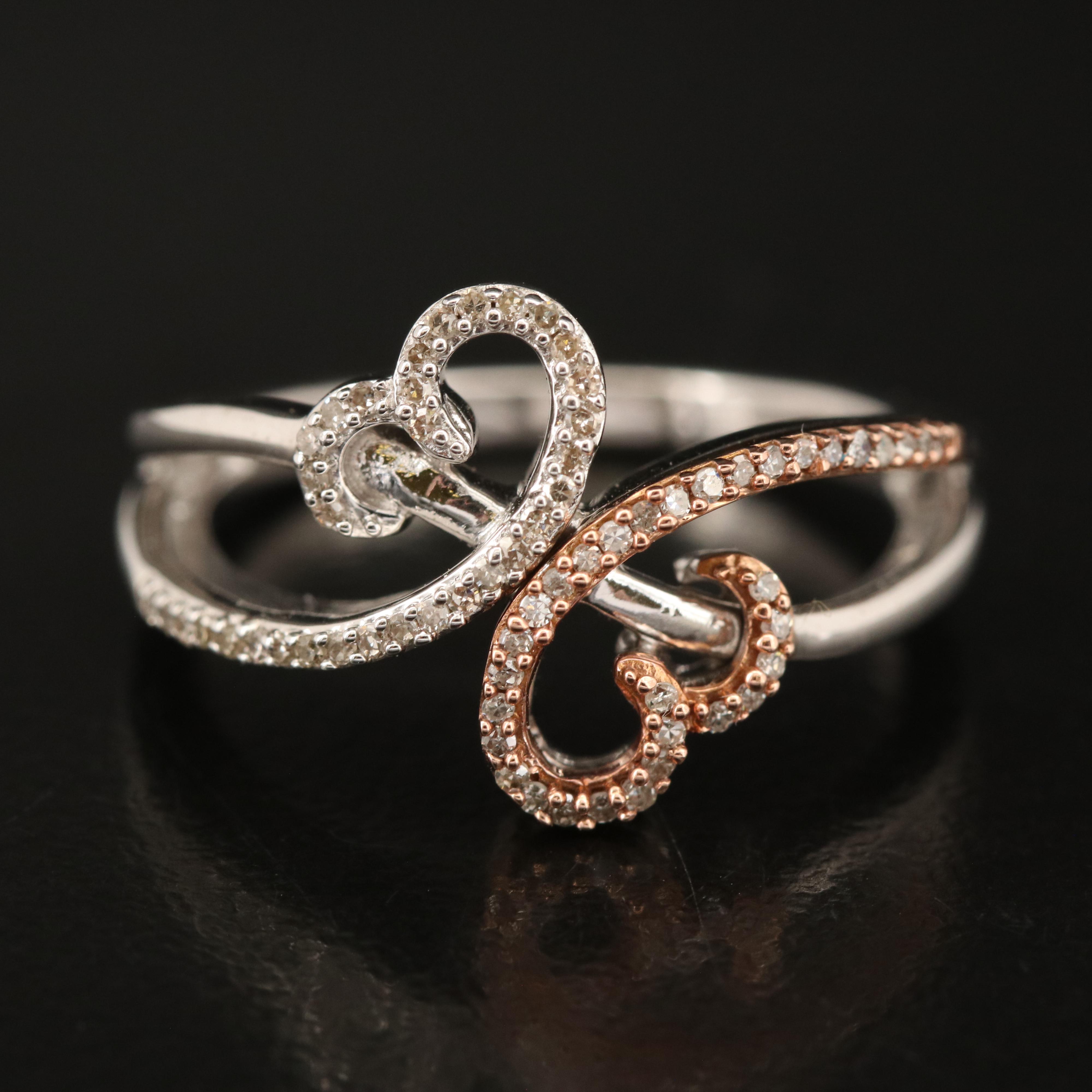 Sterling Diamond Hearts Bypass Ring with 10K Rose Gold Accent