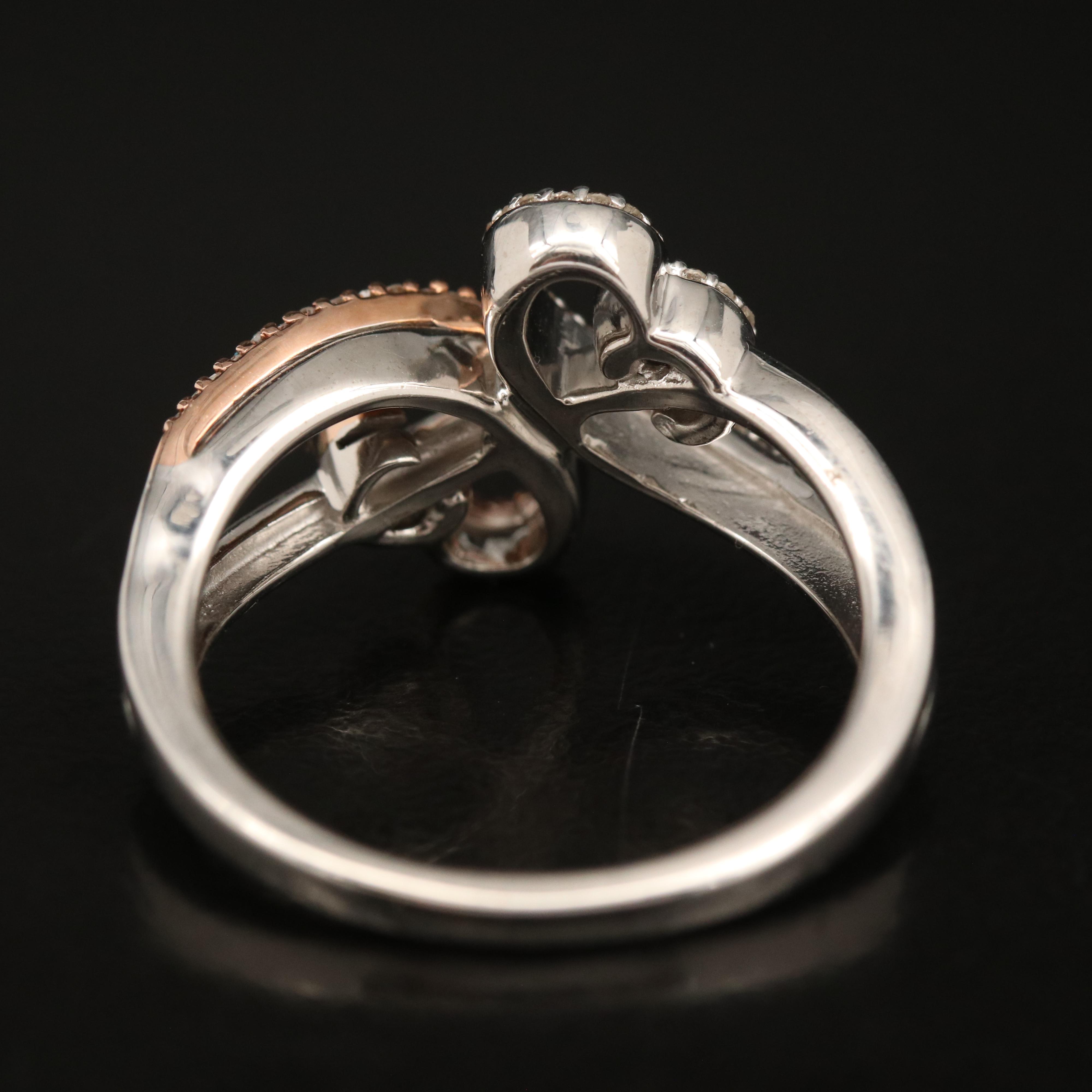 Sterling Diamond Hearts Bypass Ring with 10K Rose Gold Accent