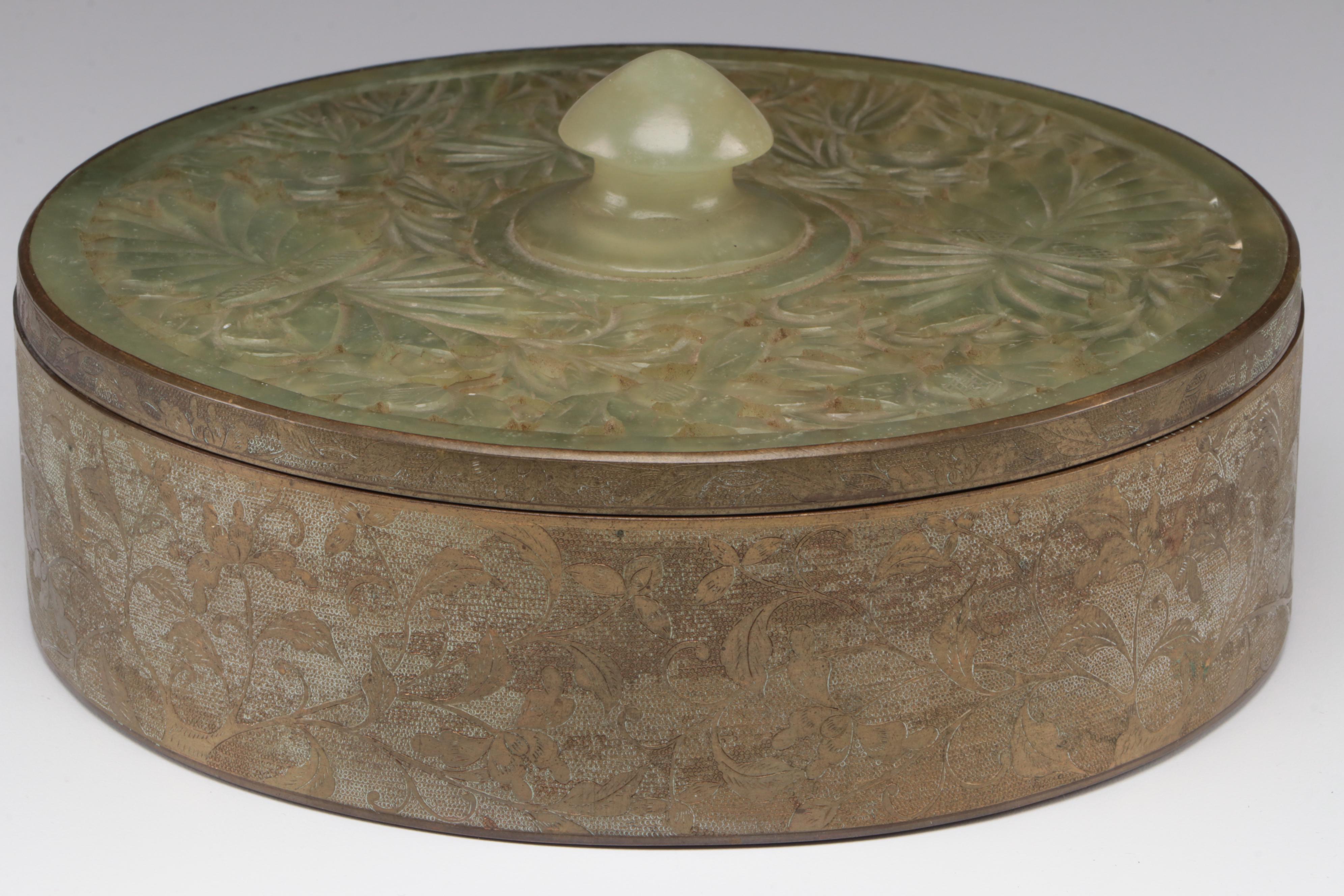 Chinese Chased Brass Box with Carved Serpentine Lid and Glass Insert
