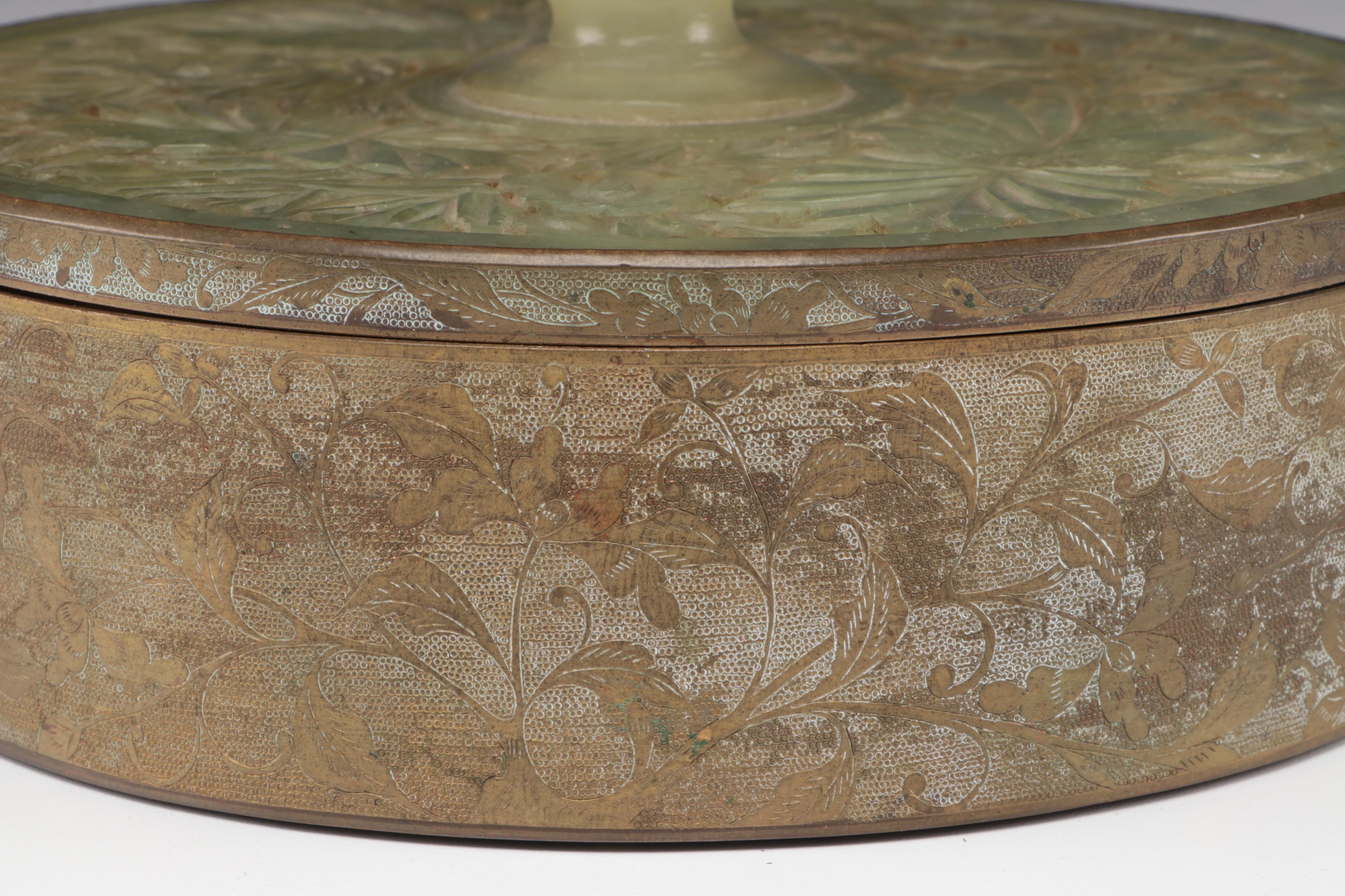 Chinese Chased Brass Box with Carved Serpentine Lid and Glass Insert