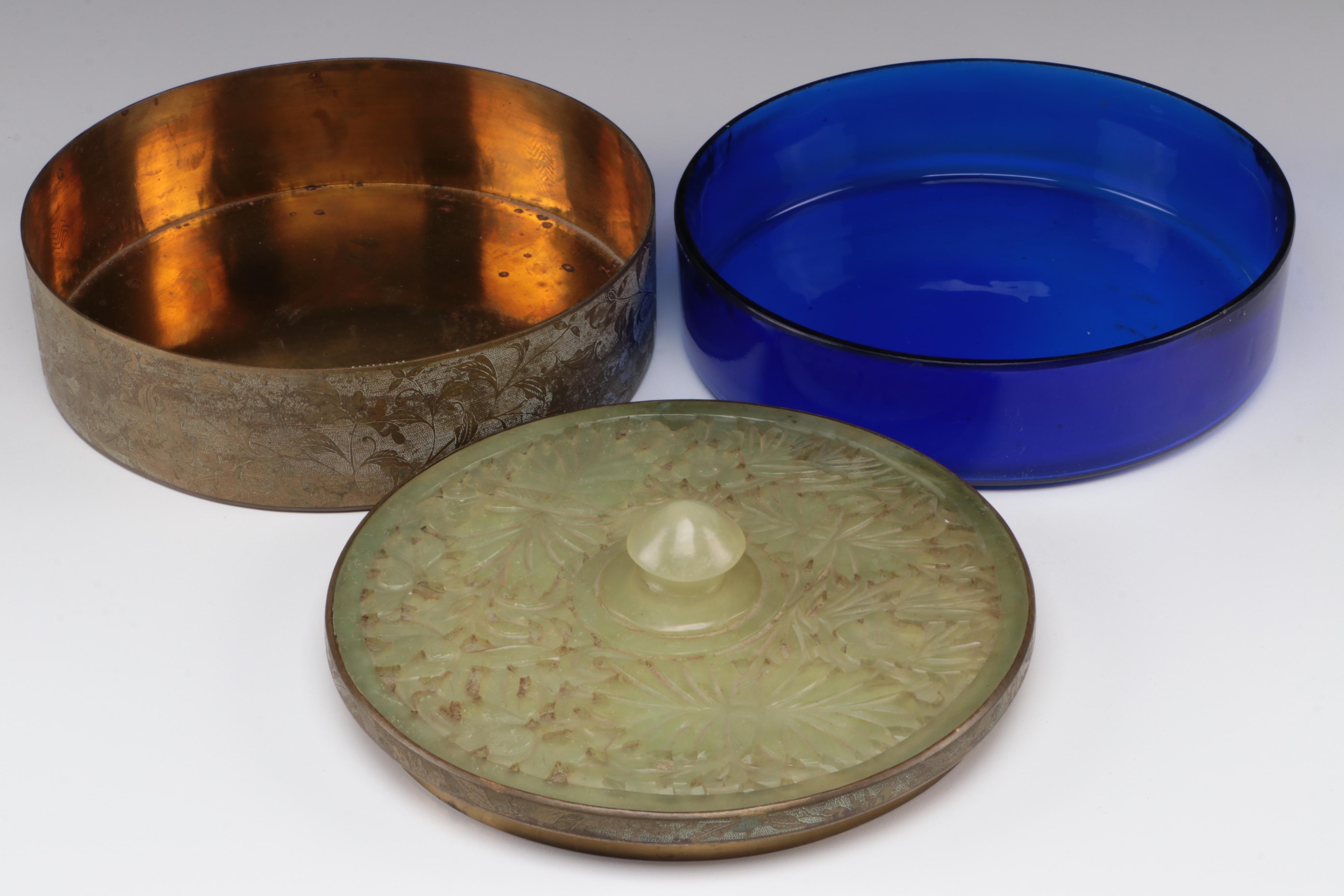 Chinese Chased Brass Box with Carved Serpentine Lid and Glass Insert