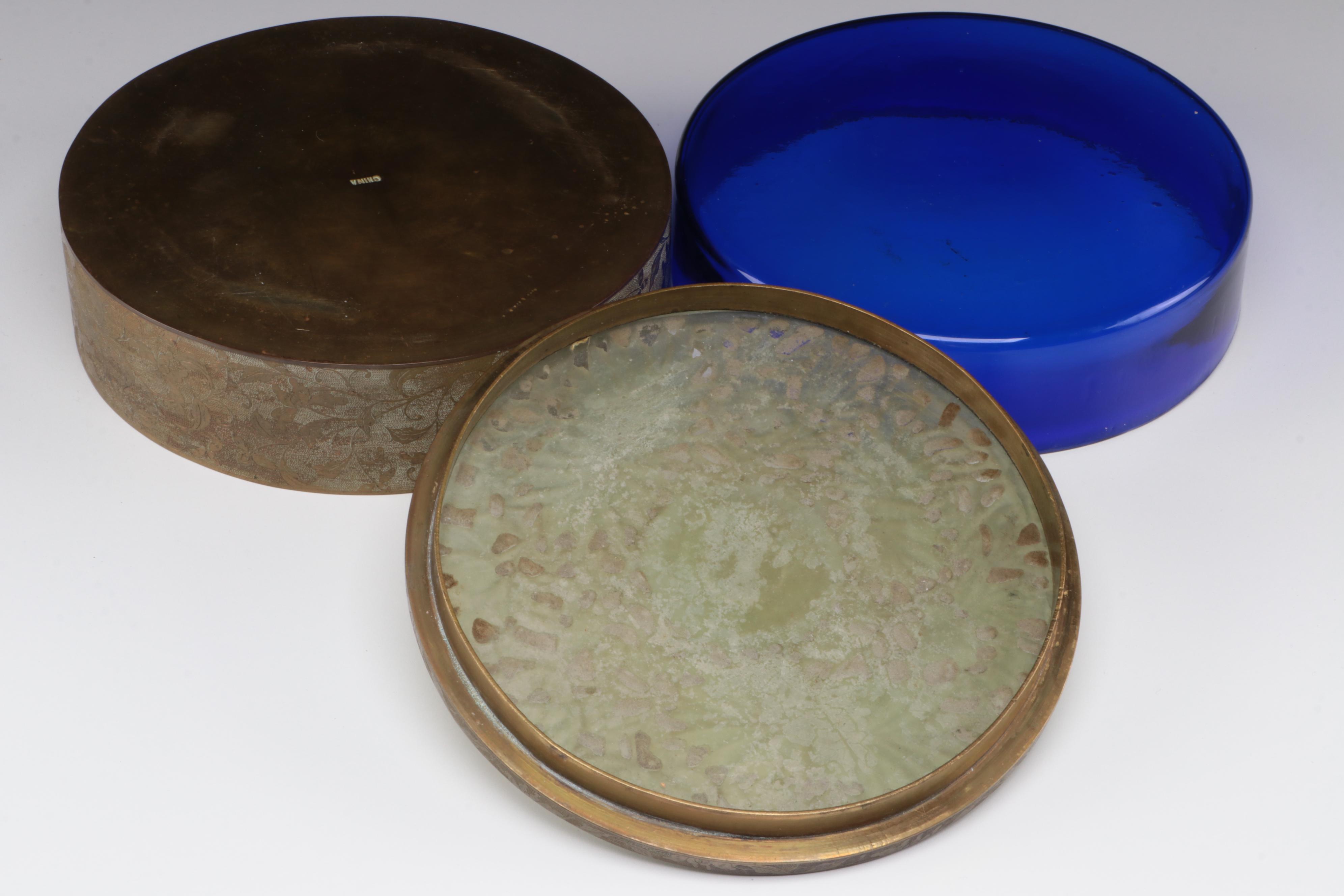 Chinese Chased Brass Box with Carved Serpentine Lid and Glass Insert