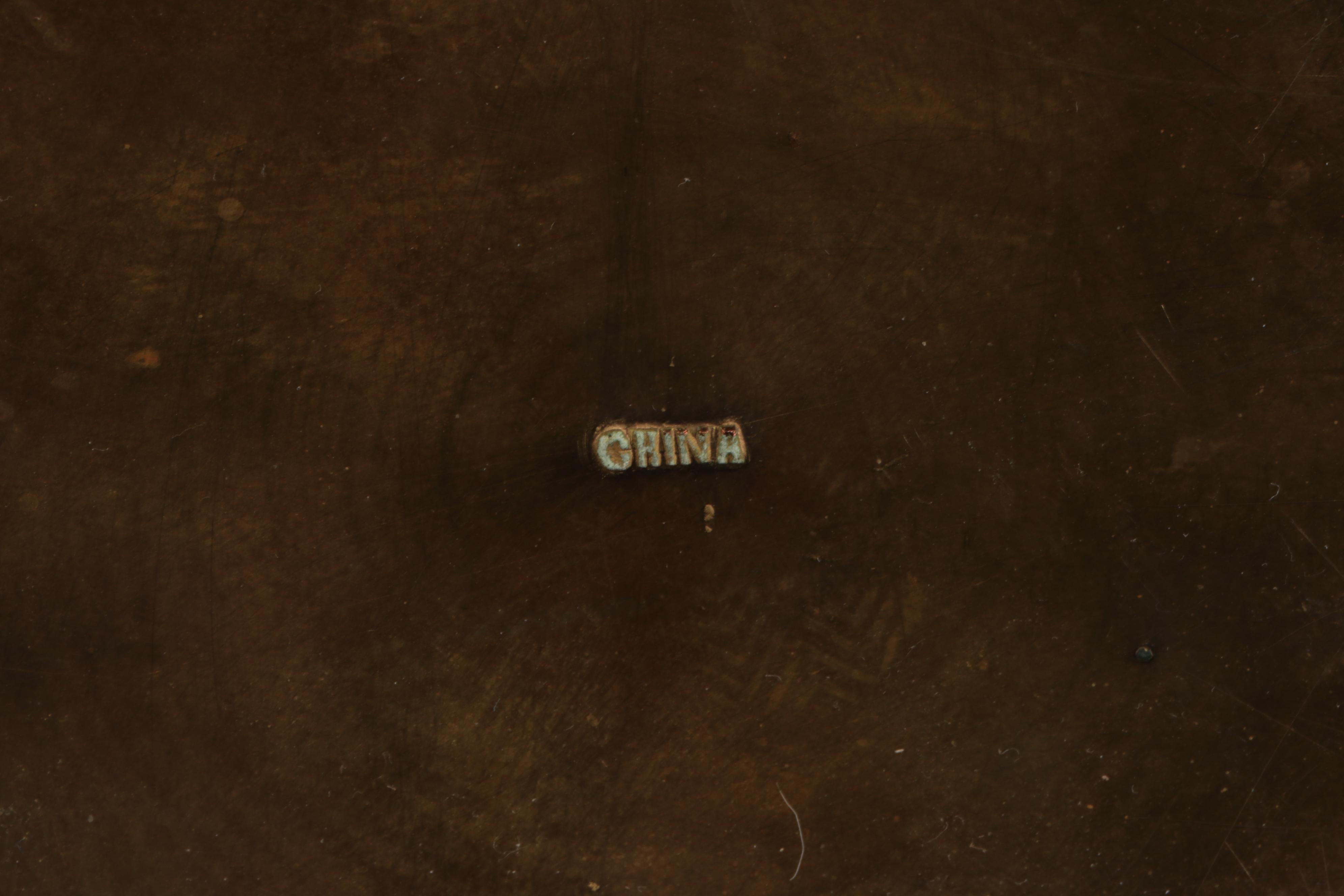 Chinese Chased Brass Box with Carved Serpentine Lid and Glass Insert