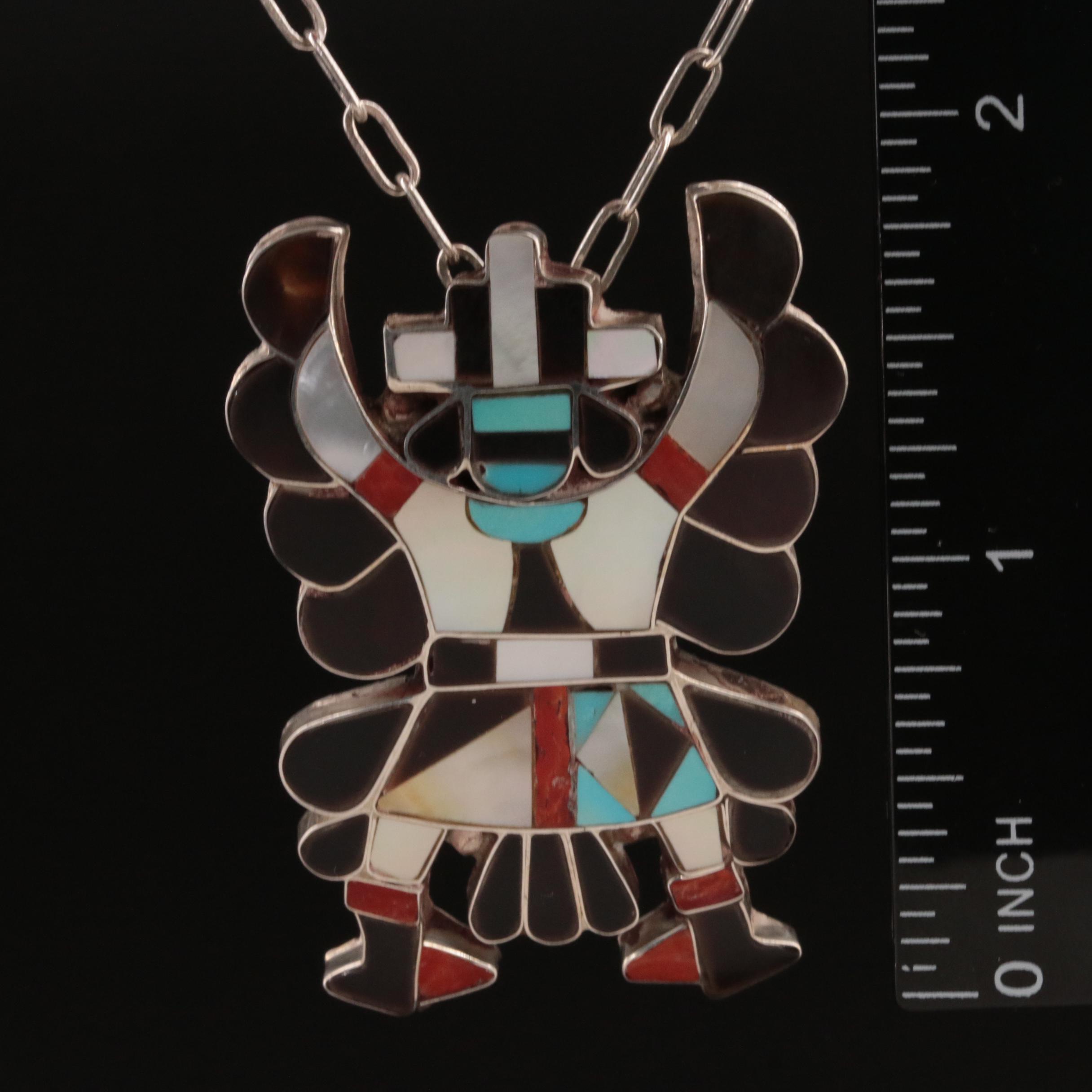 Sterling, Coral, Mother-of-Pearl and Turquoise Converter Brooch with Chain