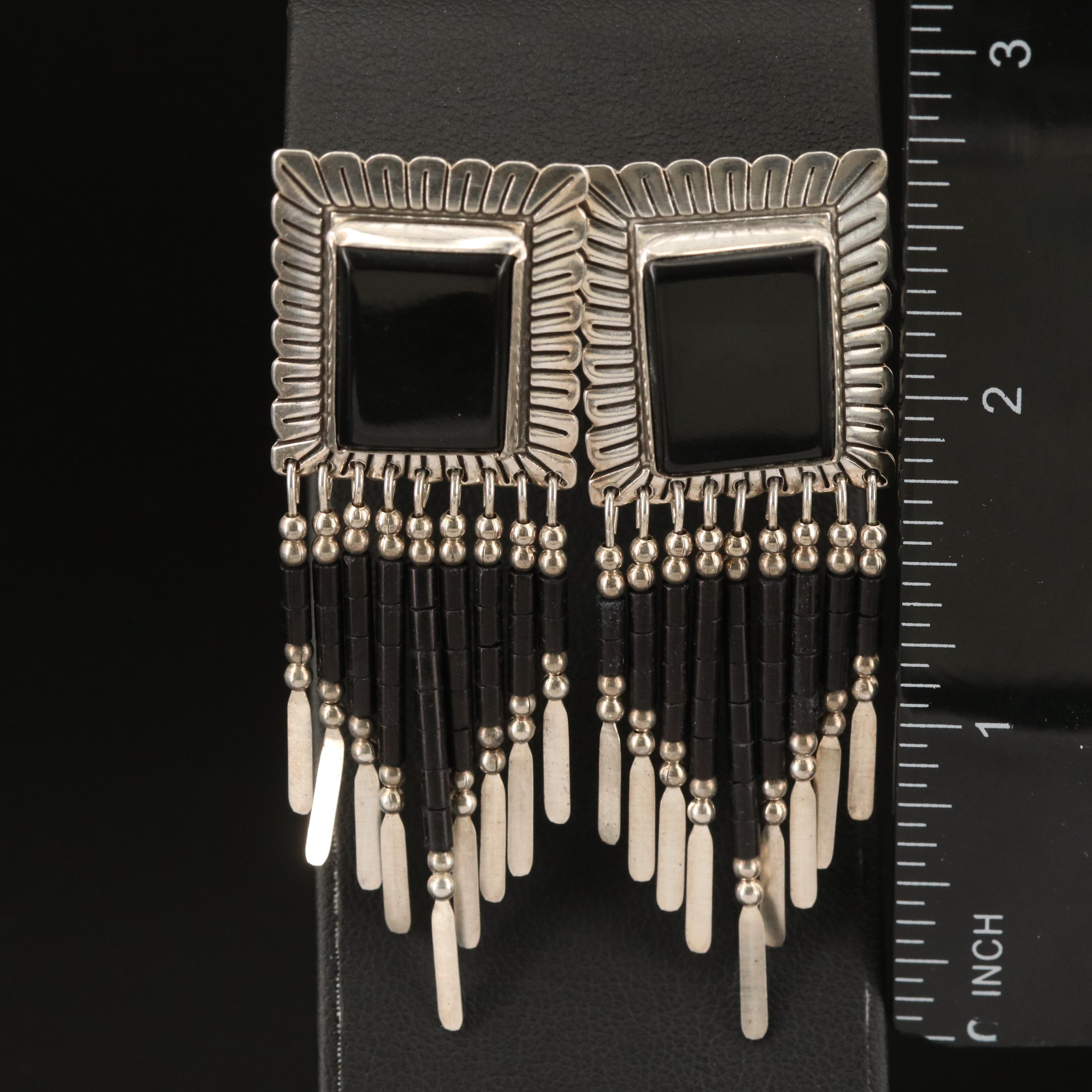Sterling Black Onyx Fringe Earrings and Ring