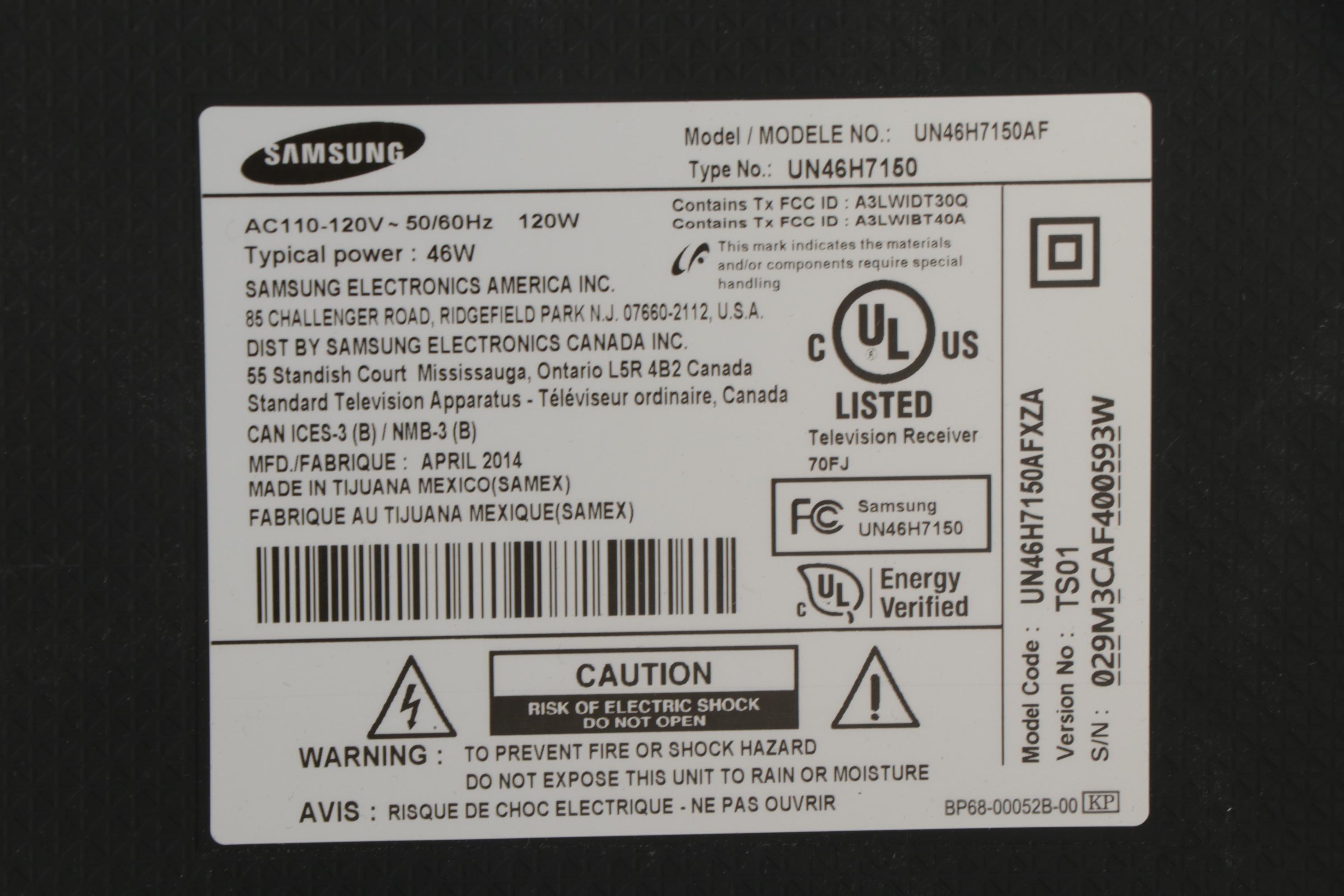 Samsung 46" LED Smart HDTV With Base and Remote