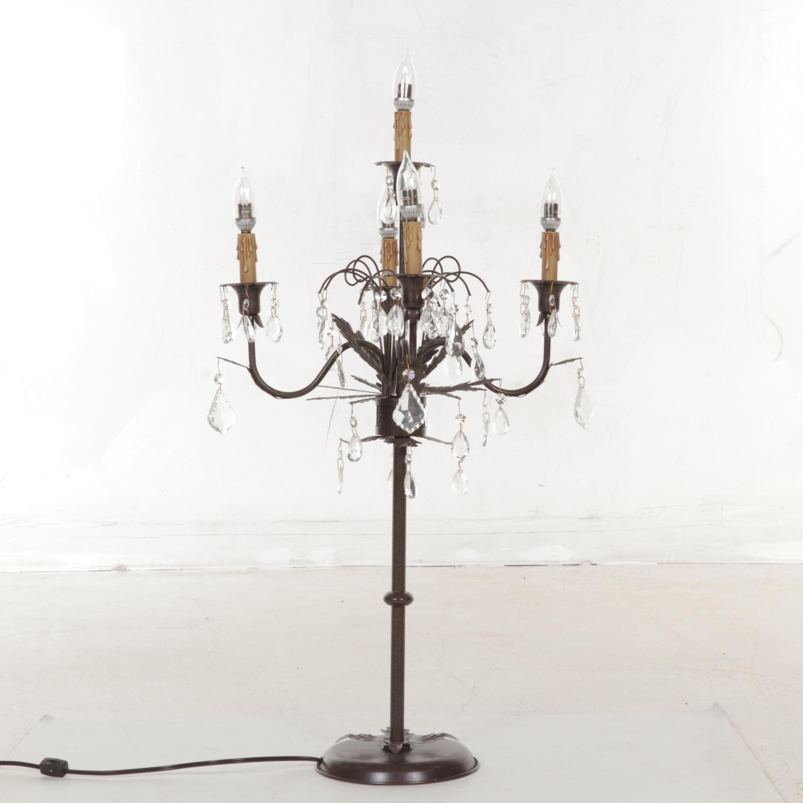 Candelabra Style Bronzed Metal and Glass Five-Light Table Lamp
