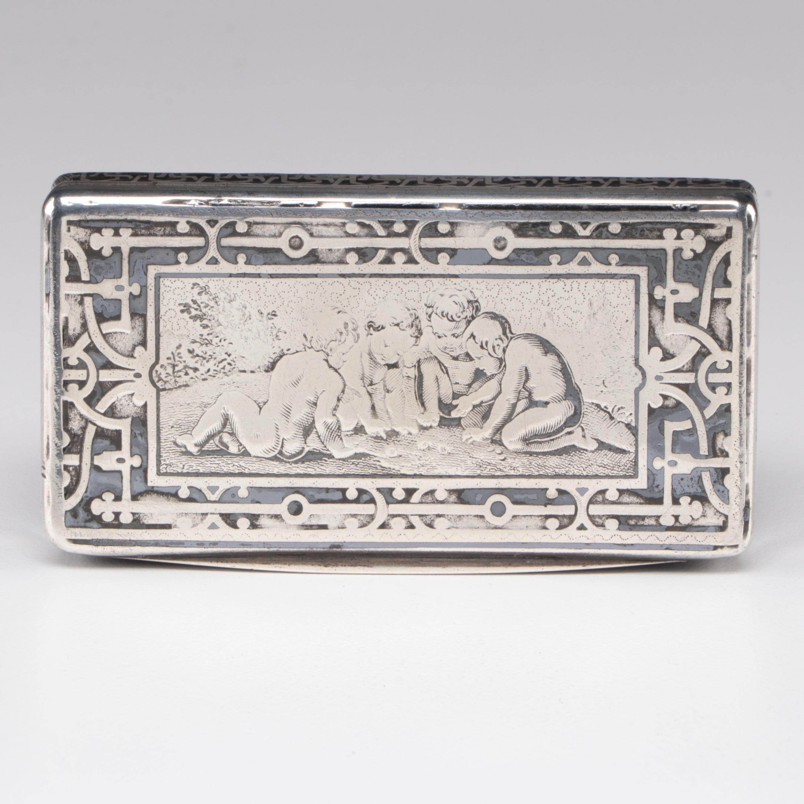 French 800 Silver Niello Putti Motif Snuff Box, 19th Century
