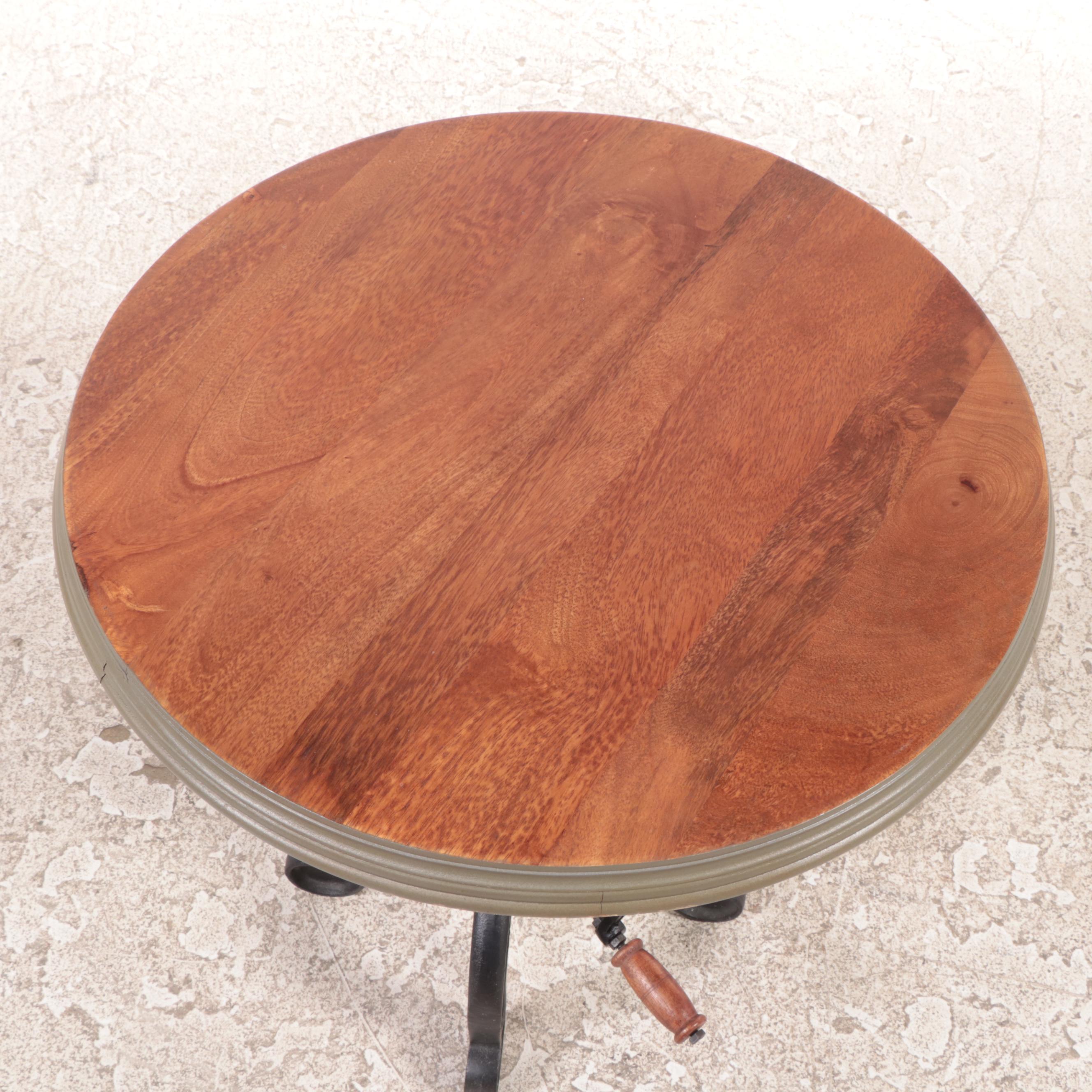 Industrial Style Cast Iron and Hardwood Adjustable-Height "Crank" Side Table