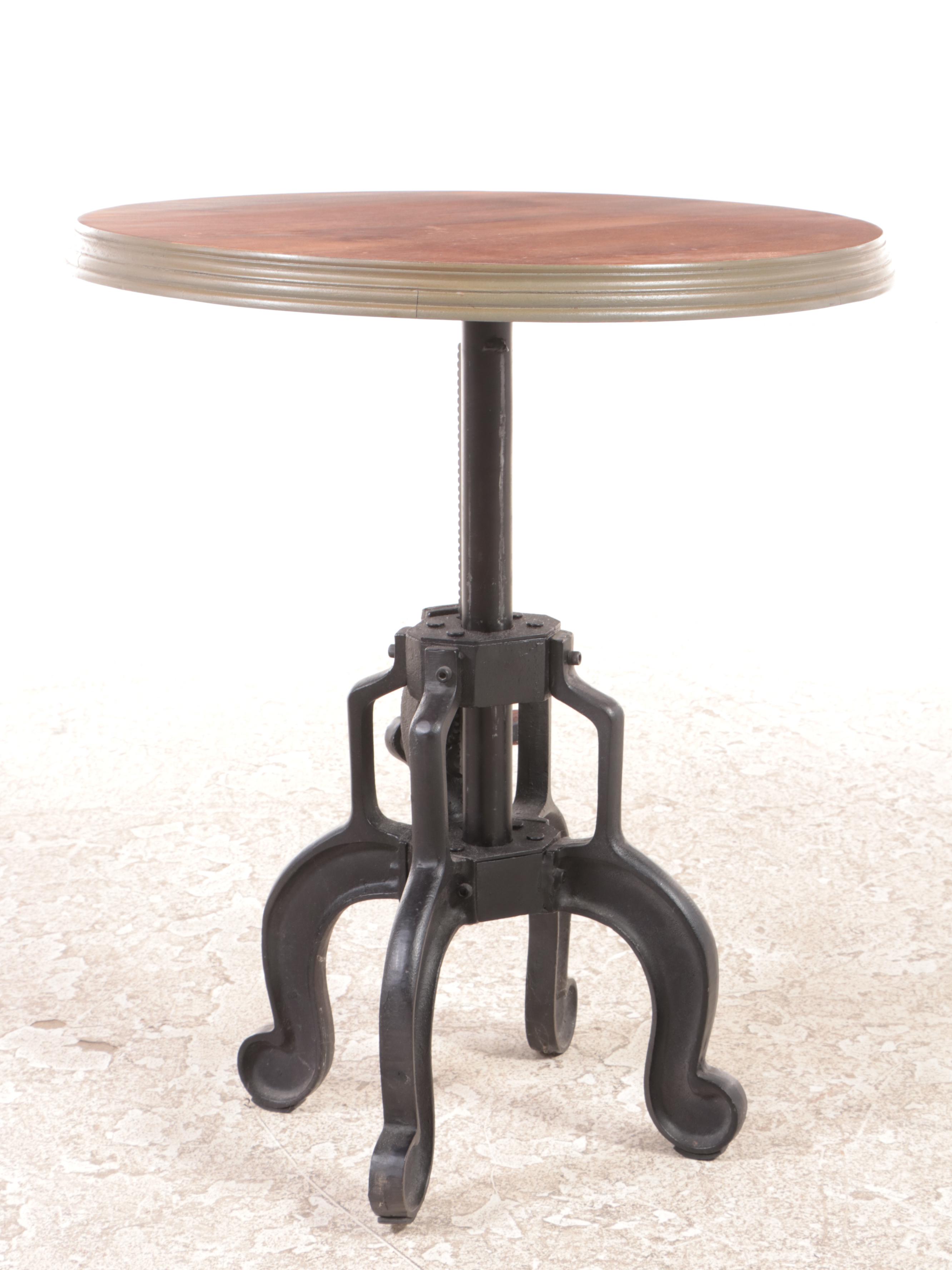 Industrial Style Cast Iron and Hardwood Adjustable-Height "Crank" Side Table
