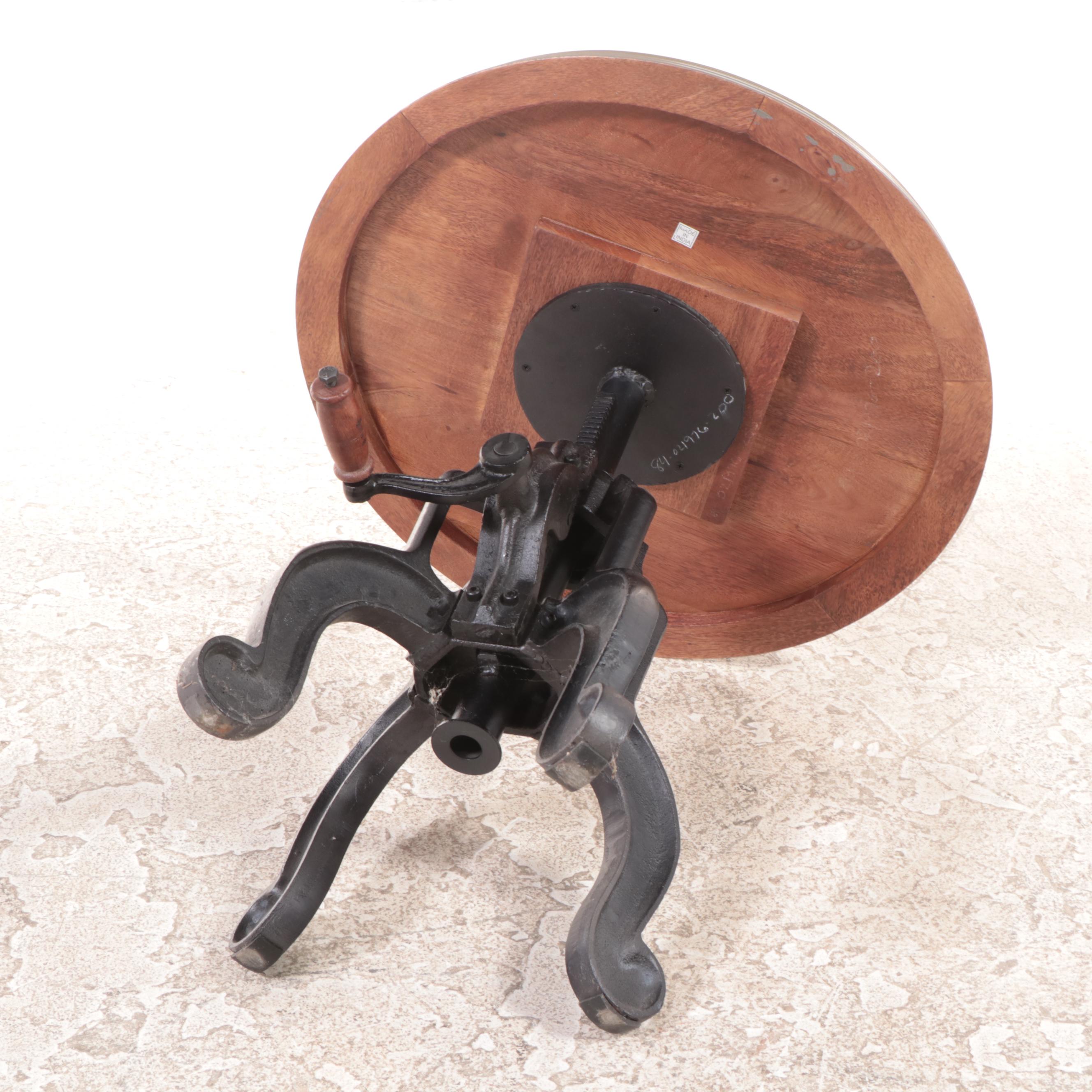 Industrial Style Cast Iron and Hardwood Adjustable-Height "Crank" Side Table