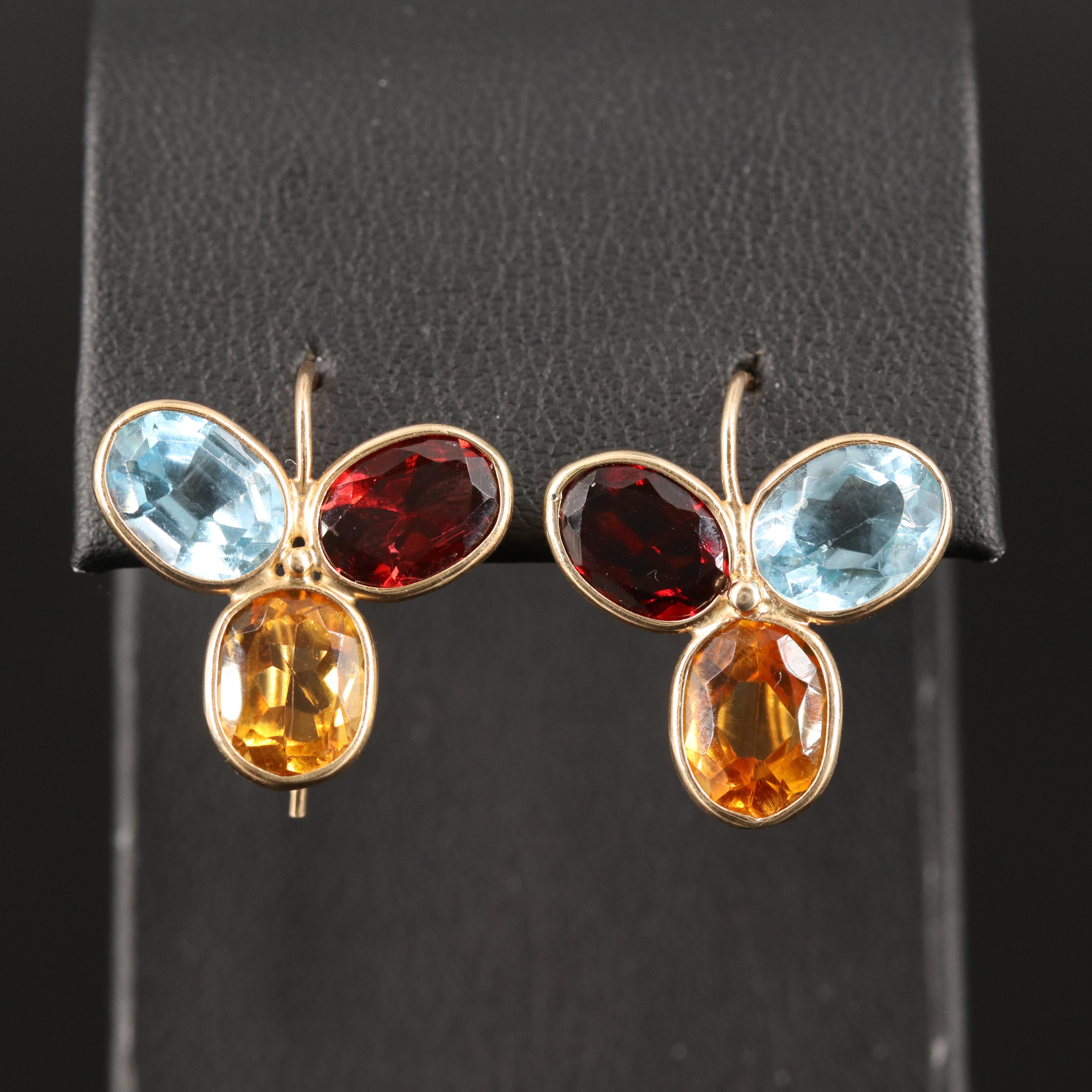 14K Garnet, Citrine and Topaz Trefoil Earrings