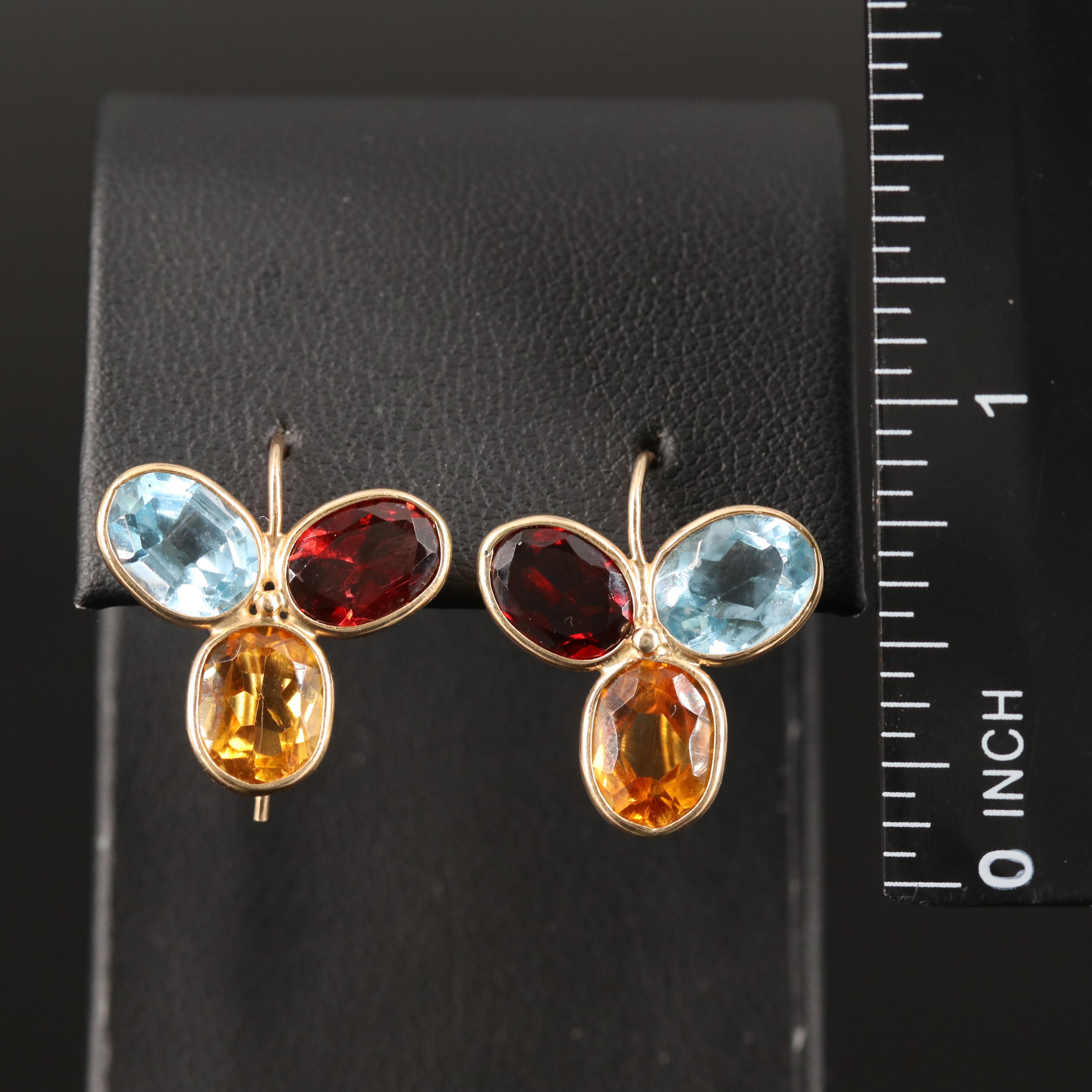 14K Garnet, Citrine and Topaz Trefoil Earrings