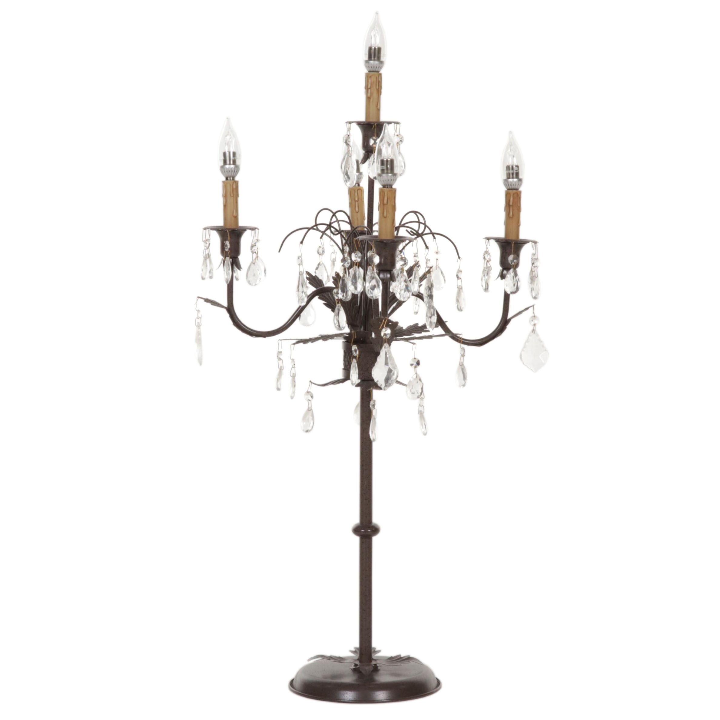 Candelabra Style Bronzed Metal and Glass Five-Light Table Lamp
