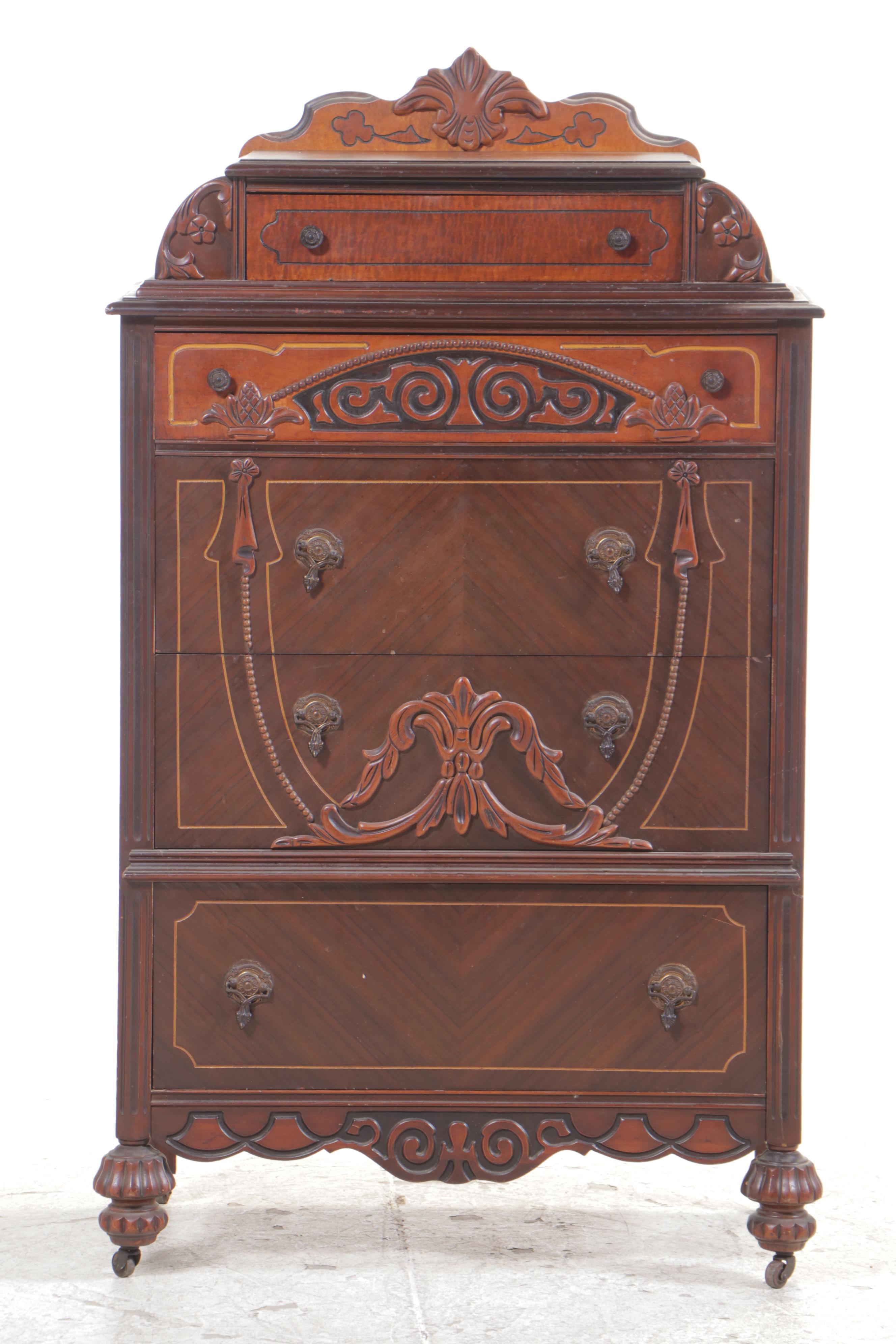 Jacobean Revival Walnut-Veneered Chest of Drawers, Circa 1930