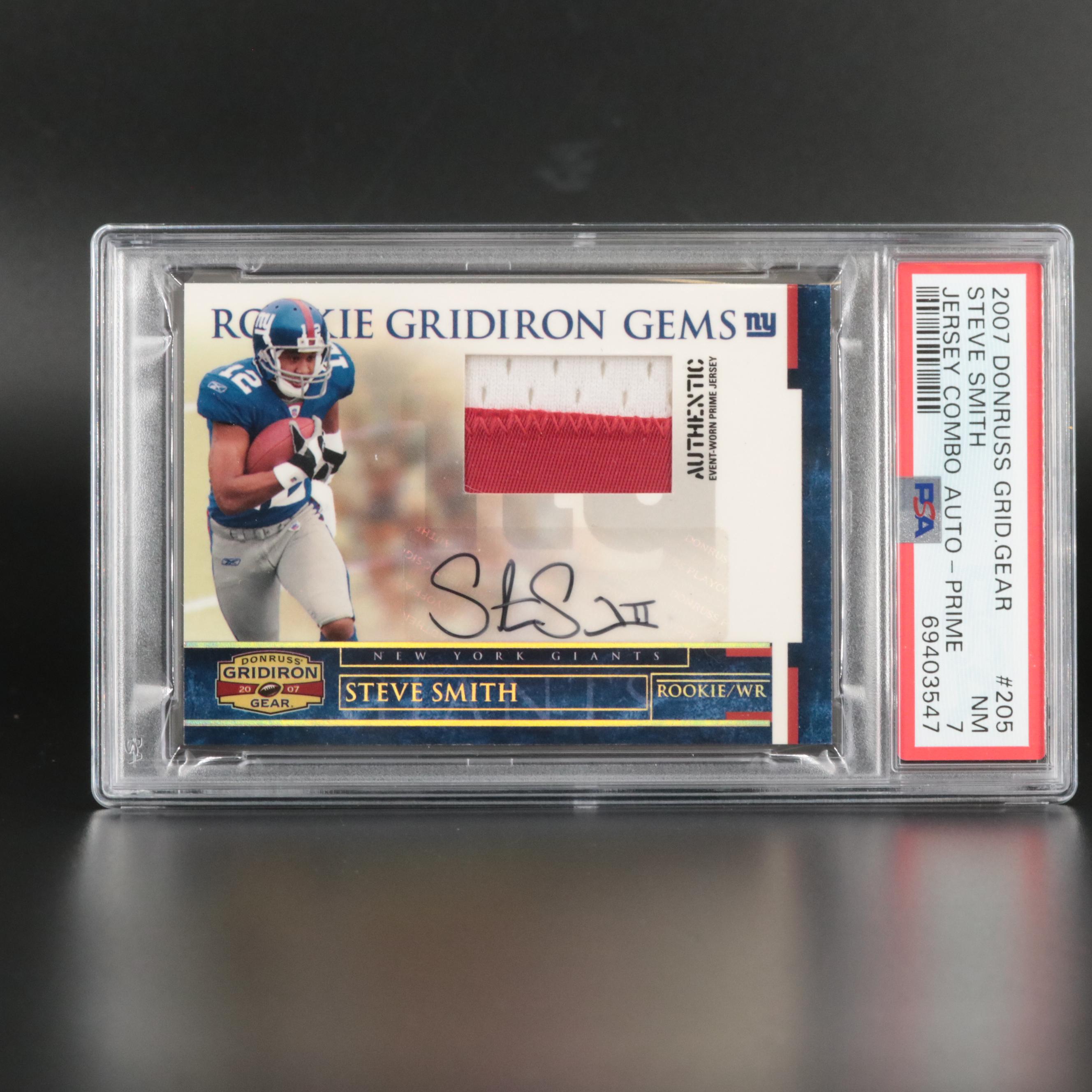 2007 Donruss Gridiron Gear Jersey Auto Prime Rookie Steve Smith 1/50 PSA 7 #205