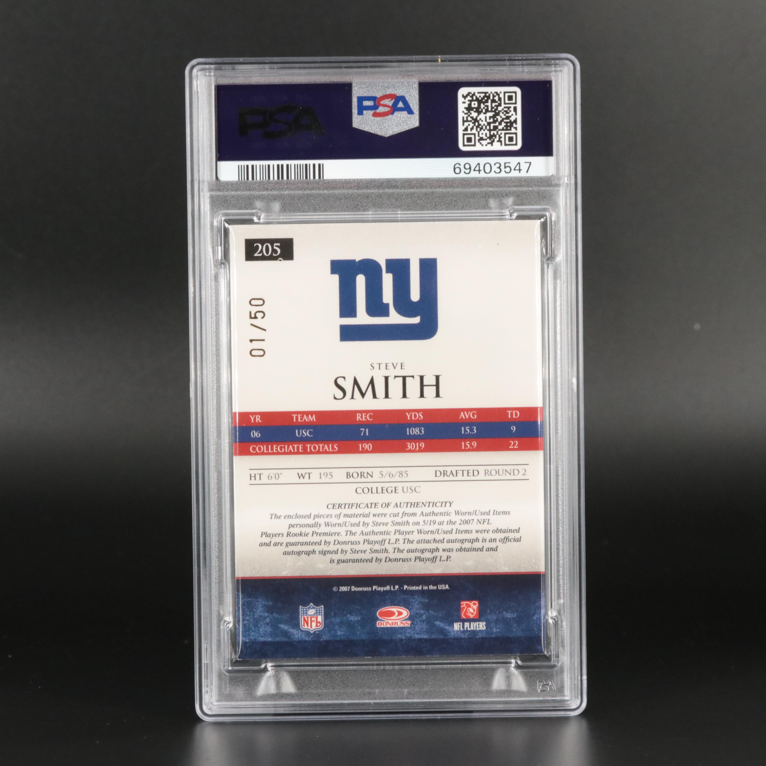 2007 Donruss Gridiron Gear Jersey Auto Prime Rookie Steve Smith 1/50 PSA 7 #205