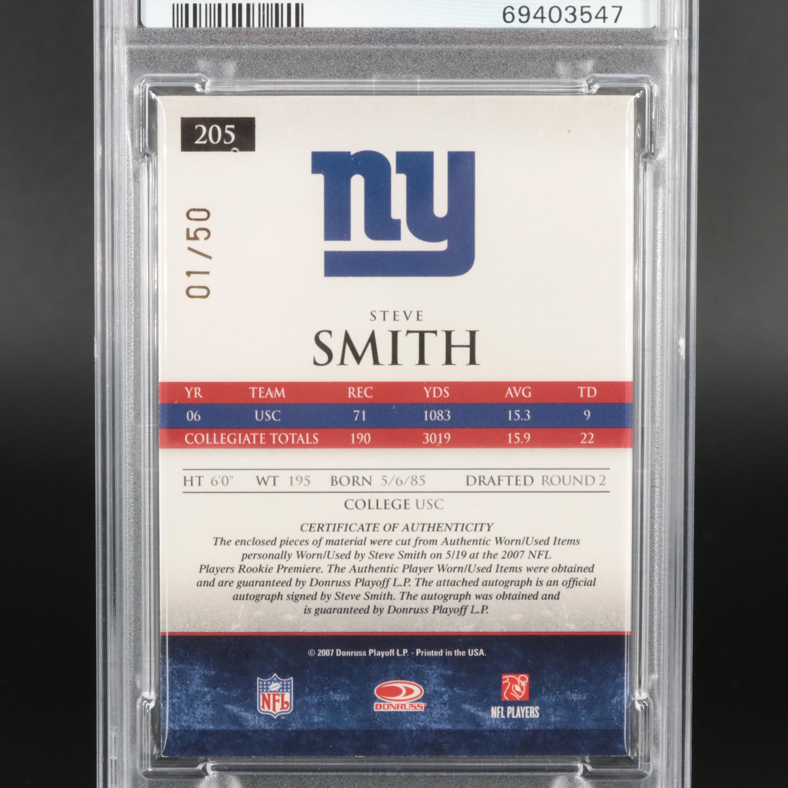 2007 Donruss Gridiron Gear Jersey Auto Prime Rookie Steve Smith 1/50 PSA 7 #205