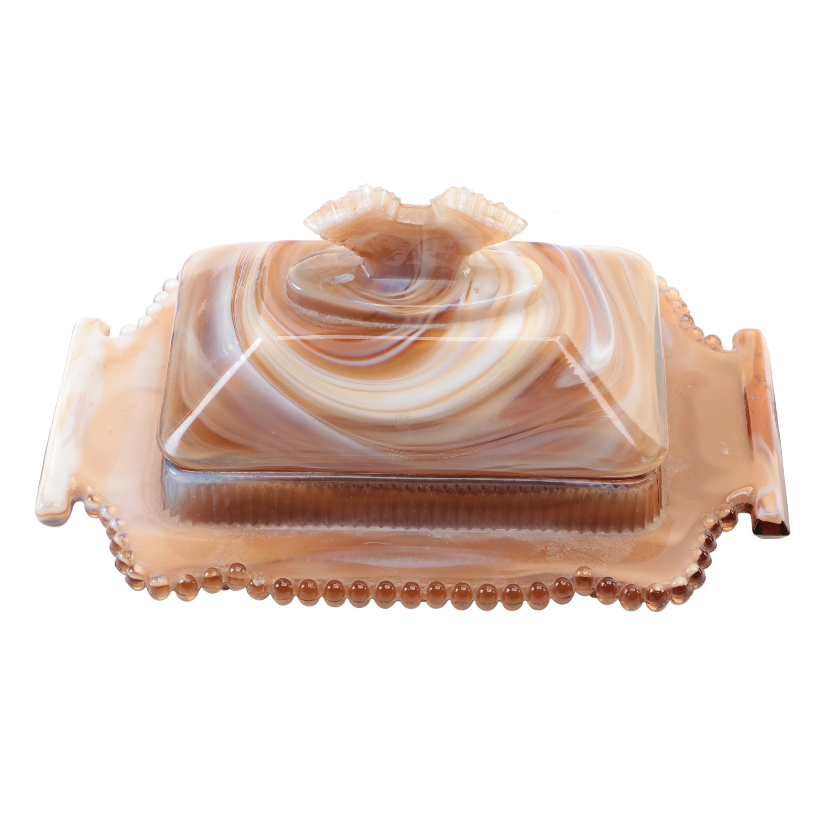 Imperial Caramel Slag Glass Covered Flat Candy Box or Butter Dish, Mid-20th C.