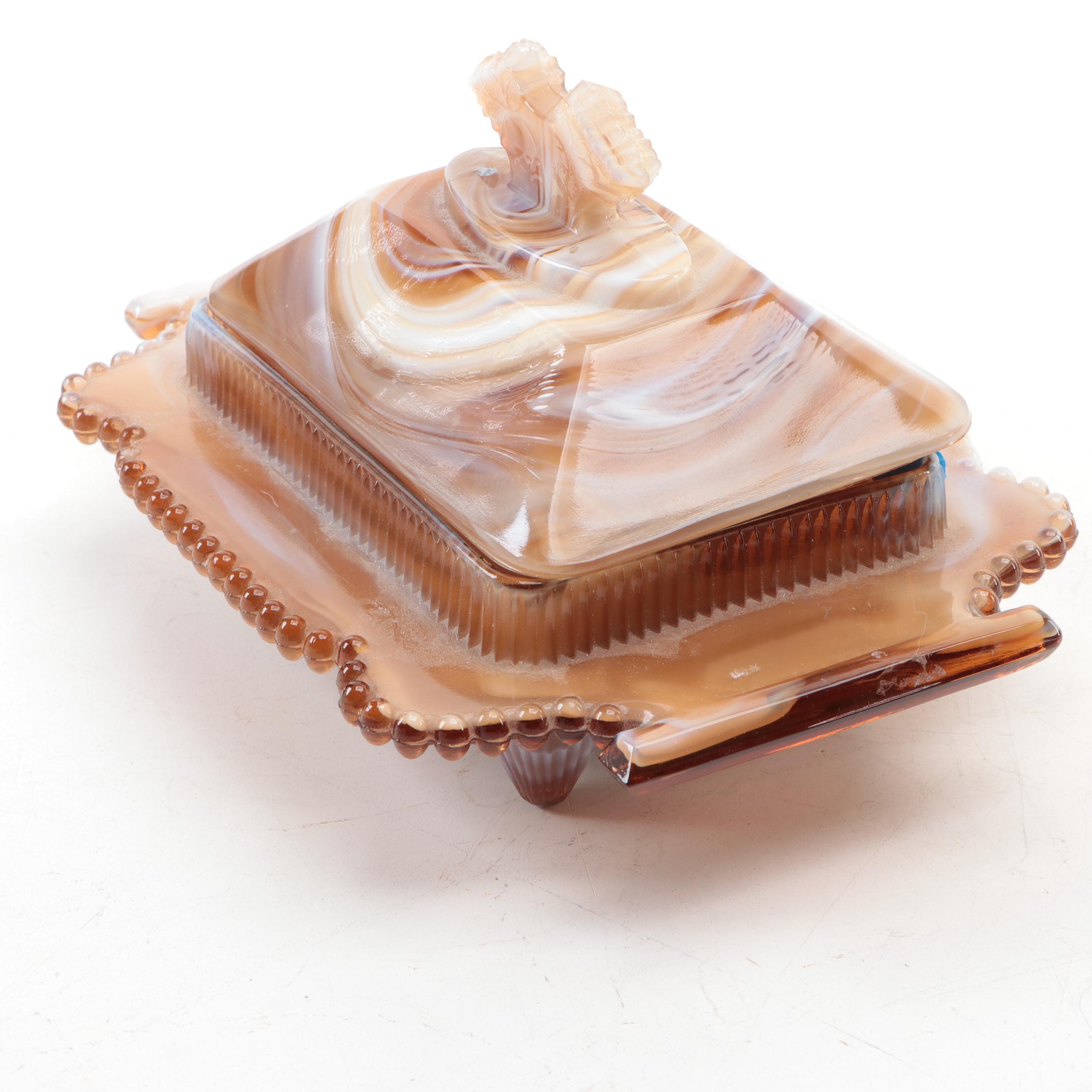 Imperial Caramel Slag Glass Covered Flat Candy Box or Butter Dish, Mid-20th C.