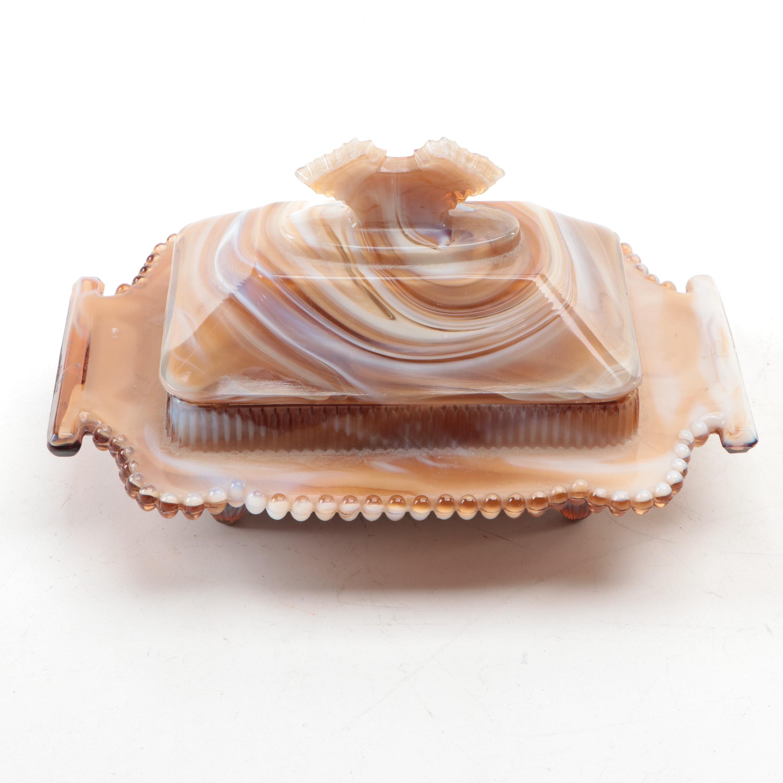 Imperial Caramel Slag Glass Covered Flat Candy Box or Butter Dish, Mid-20th C.