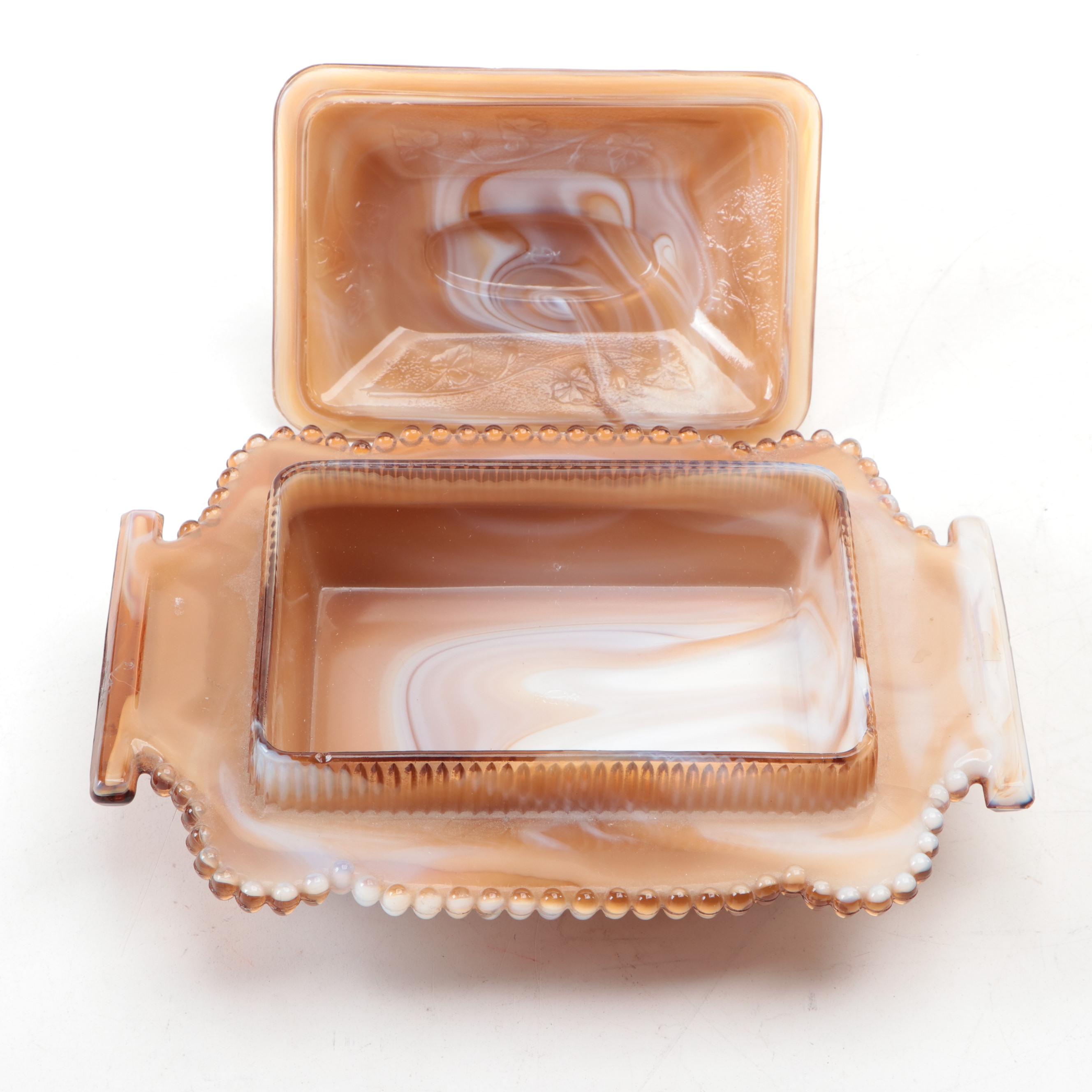 Imperial Caramel Slag Glass Covered Flat Candy Box or Butter Dish, Mid-20th C.