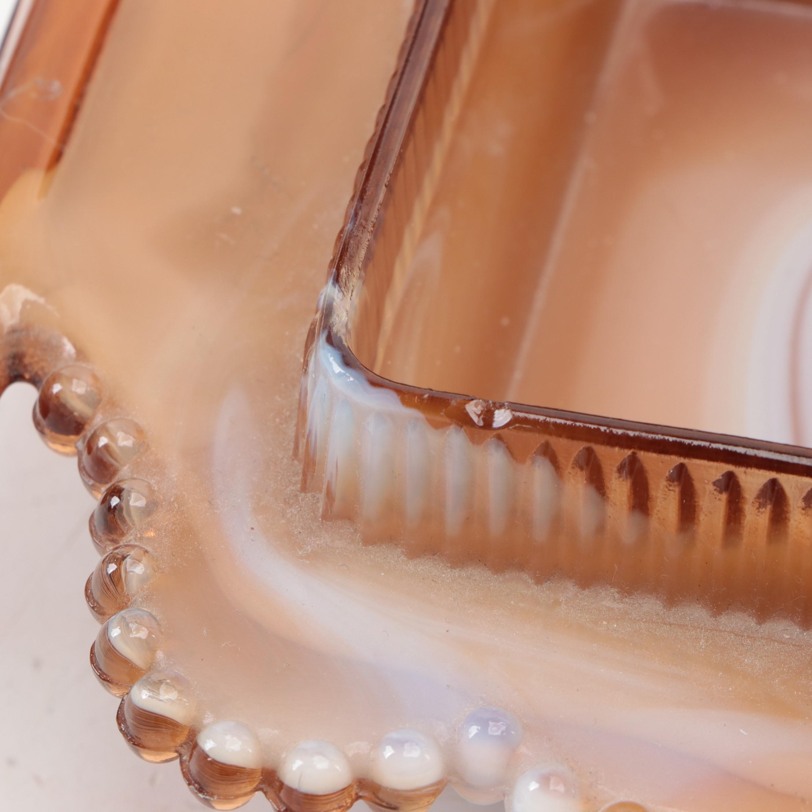 Imperial Caramel Slag Glass Covered Flat Candy Box or Butter Dish, Mid-20th C.