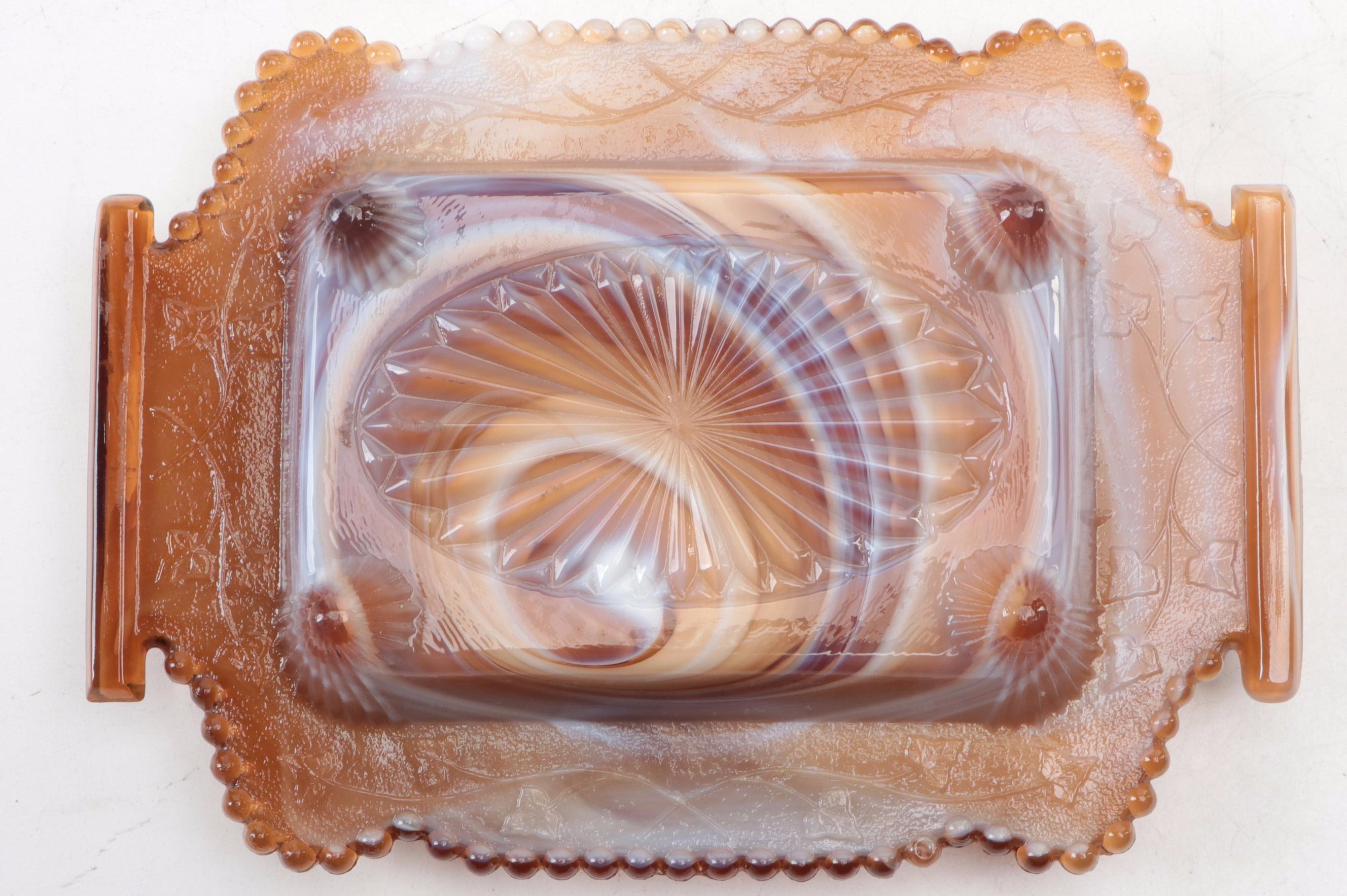 Imperial Caramel Slag Glass Covered Flat Candy Box or Butter Dish, Mid-20th C.