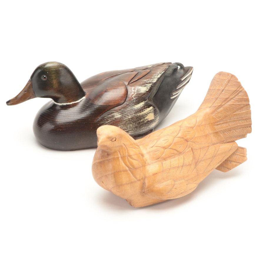 Hand-Carved Wooden Mallard with Glass Eyes and Other Bird Figurine