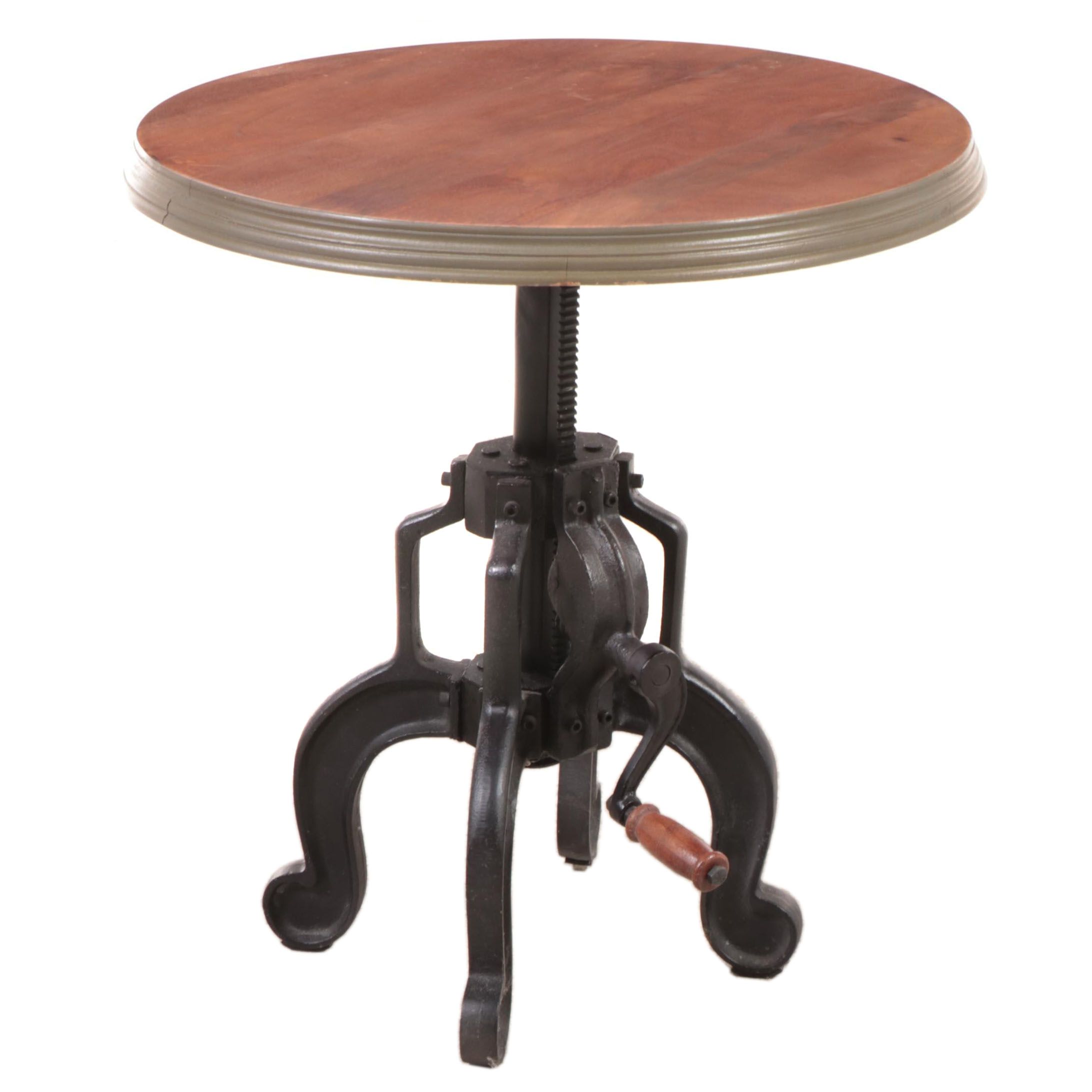 Industrial Style Cast Iron and Hardwood Adjustable-Height "Crank" Side Table
