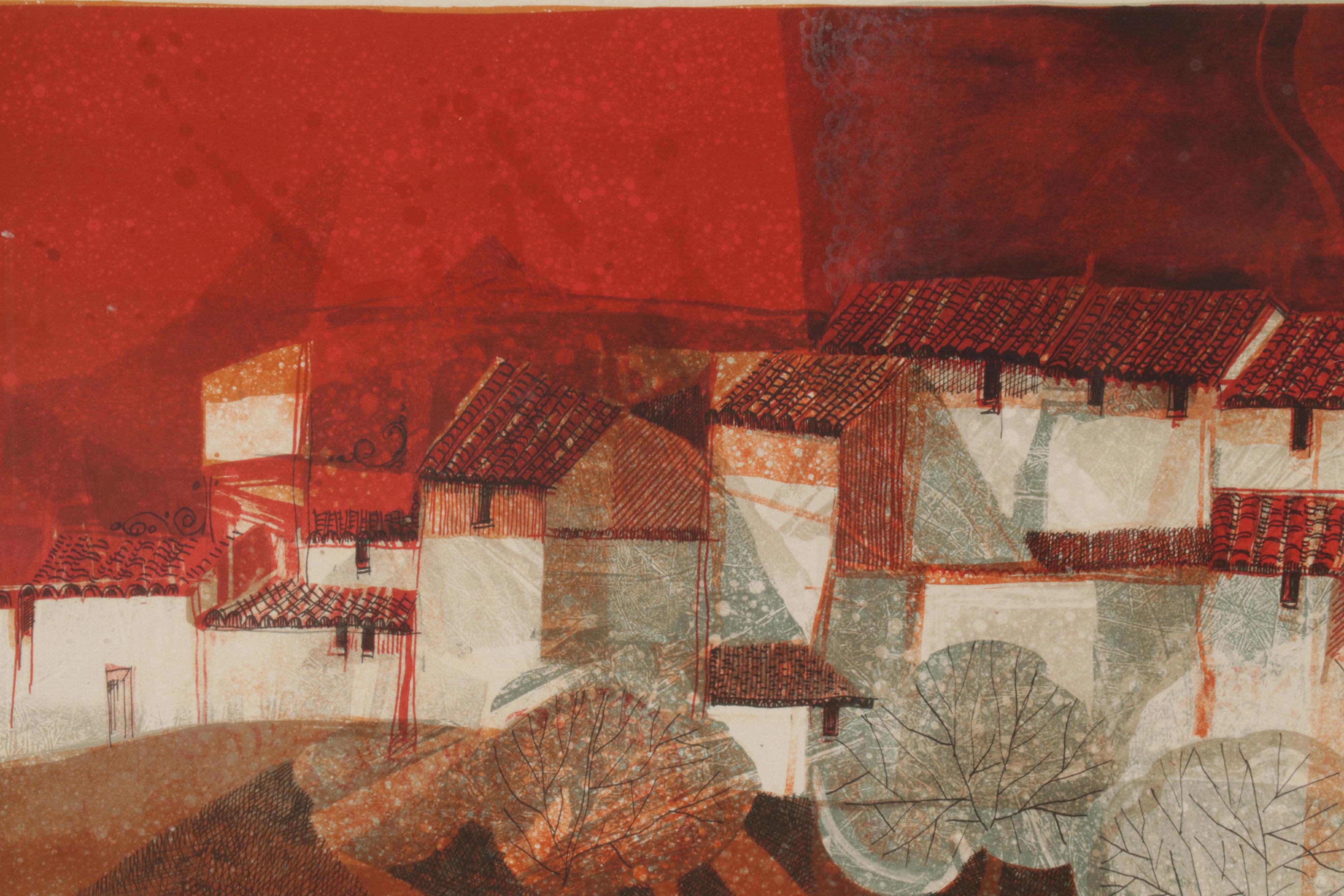 Àlvar Suñol Munoz-Ramos Color Lithograph "El Village Rojo," Circa 1978