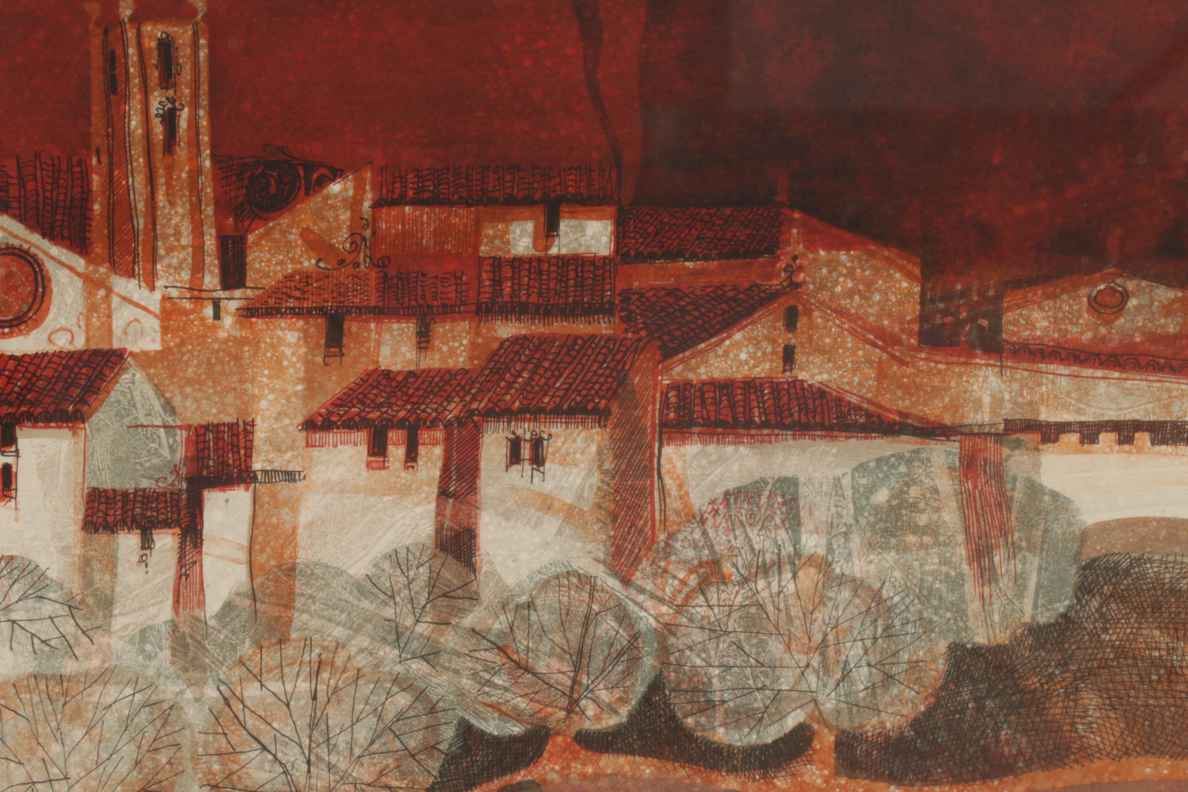 Àlvar Suñol Munoz-Ramos Color Lithograph "El Village Rojo," Circa 1978