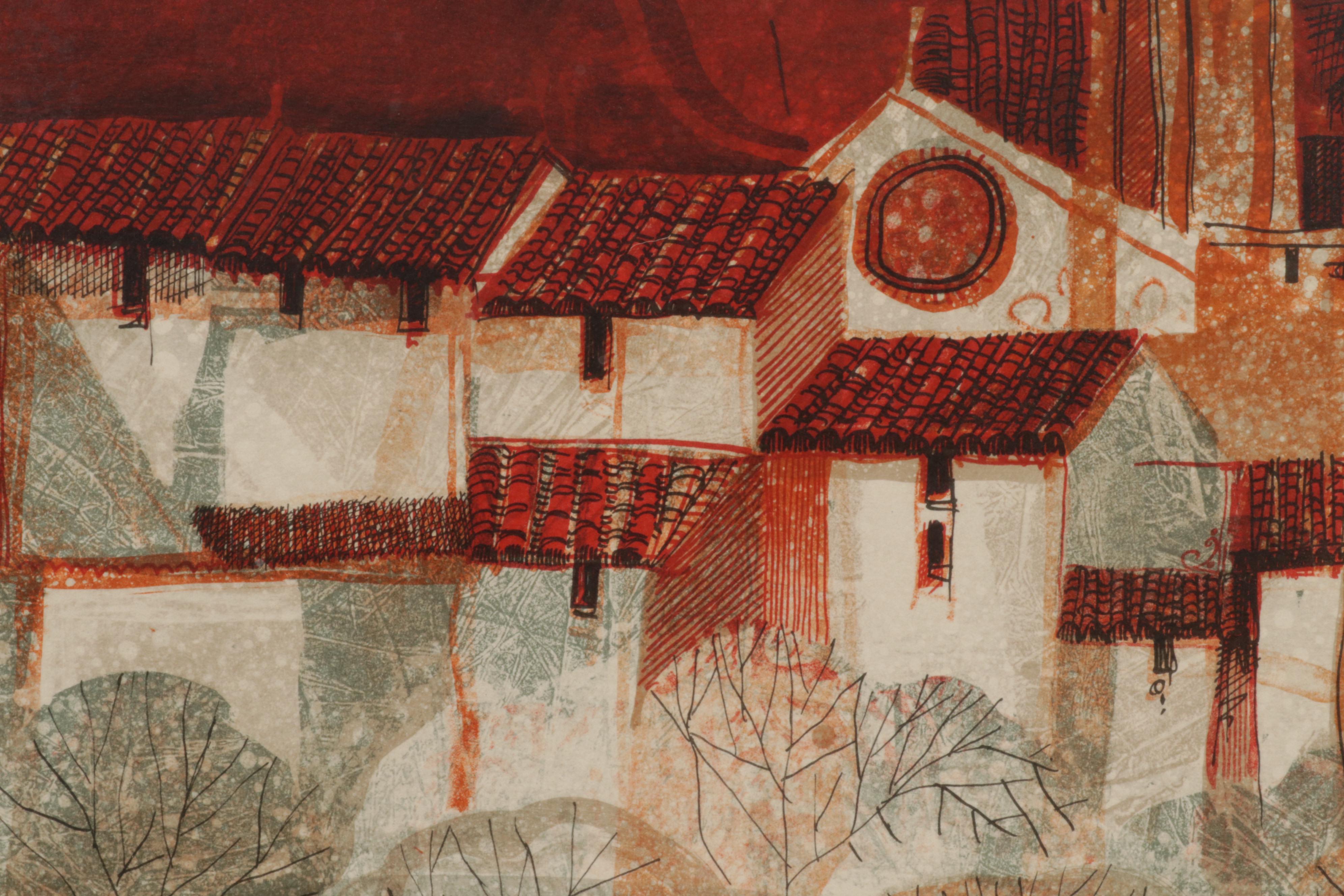 Àlvar Suñol Munoz-Ramos Color Lithograph "El Village Rojo," Circa 1978