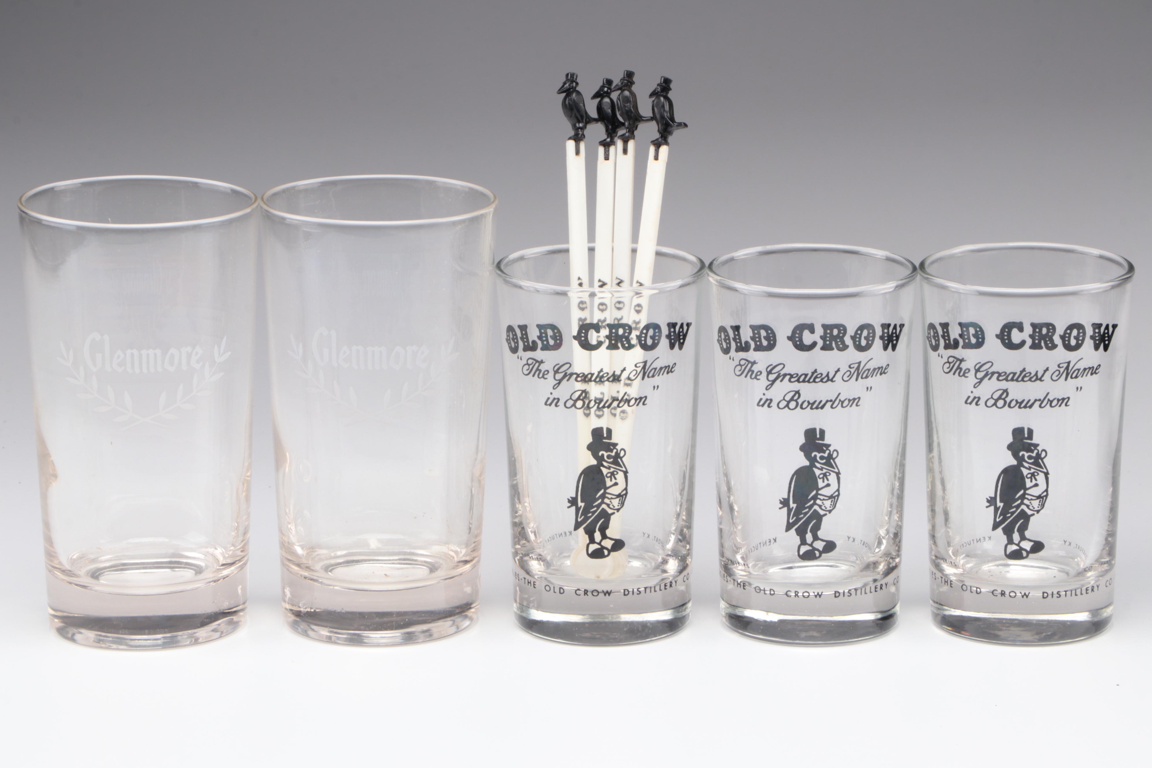 Old Crow and Glenmore Bourbon Glasses with Drink Stirrers and Vat 69 Pub Jug
