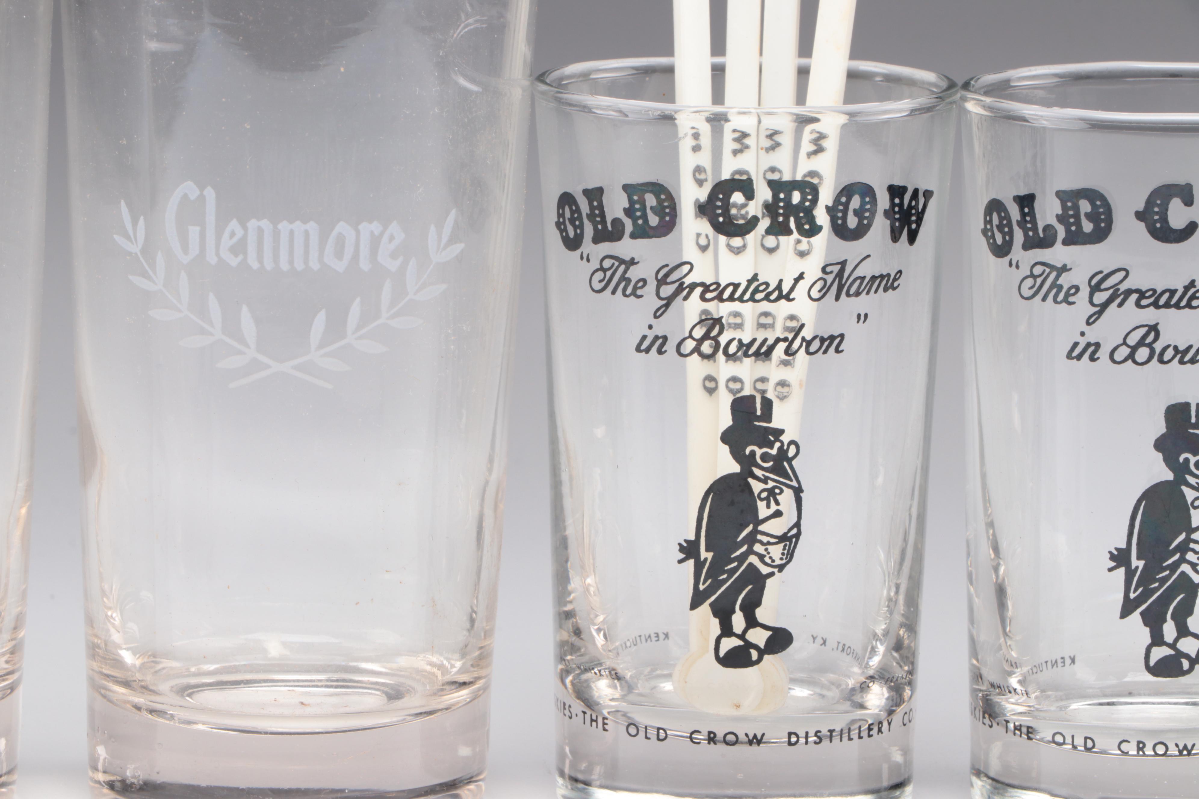 Old Crow and Glenmore Bourbon Glasses with Drink Stirrers and Vat 69 Pub Jug
