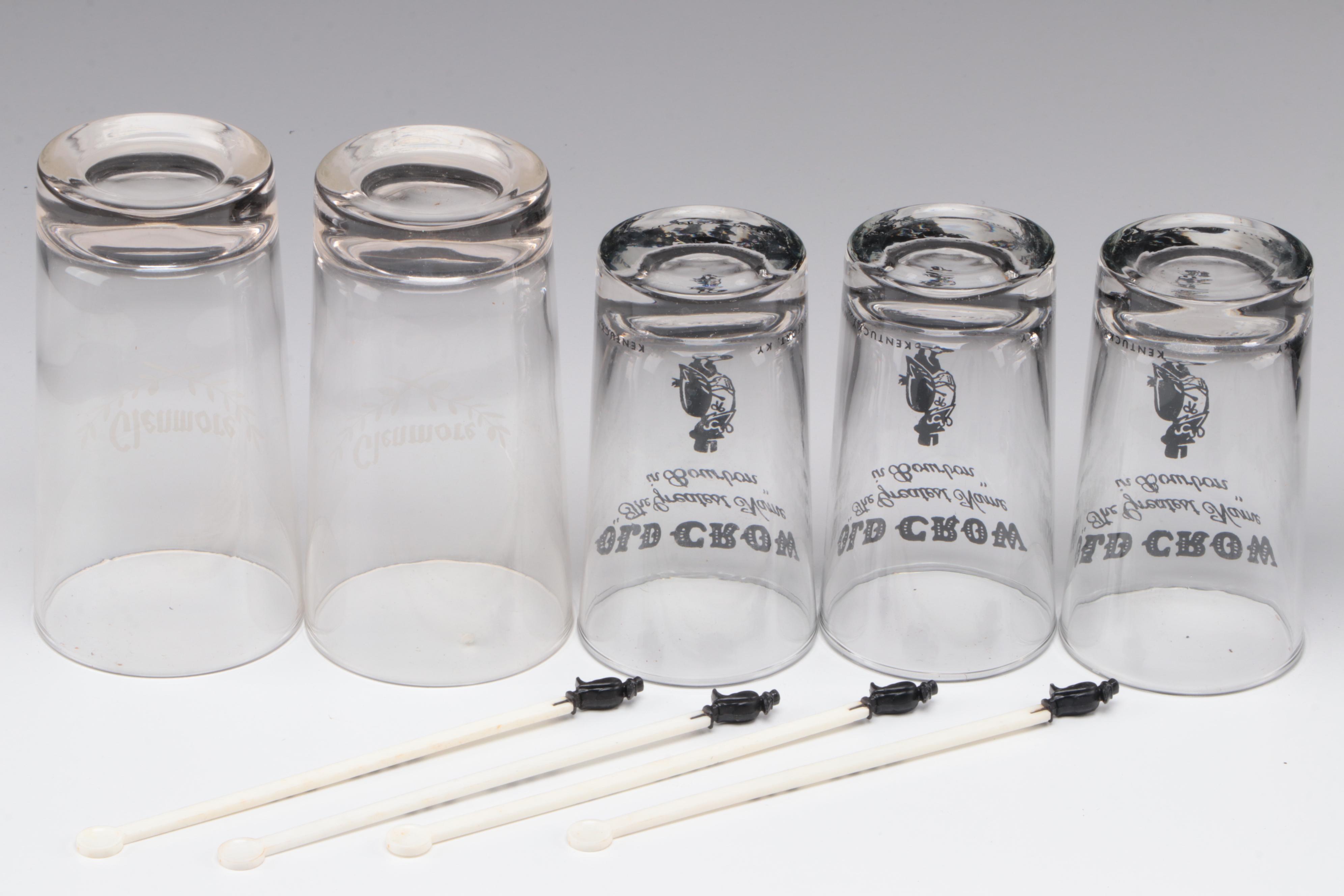 Old Crow and Glenmore Bourbon Glasses with Drink Stirrers and Vat 69 Pub Jug