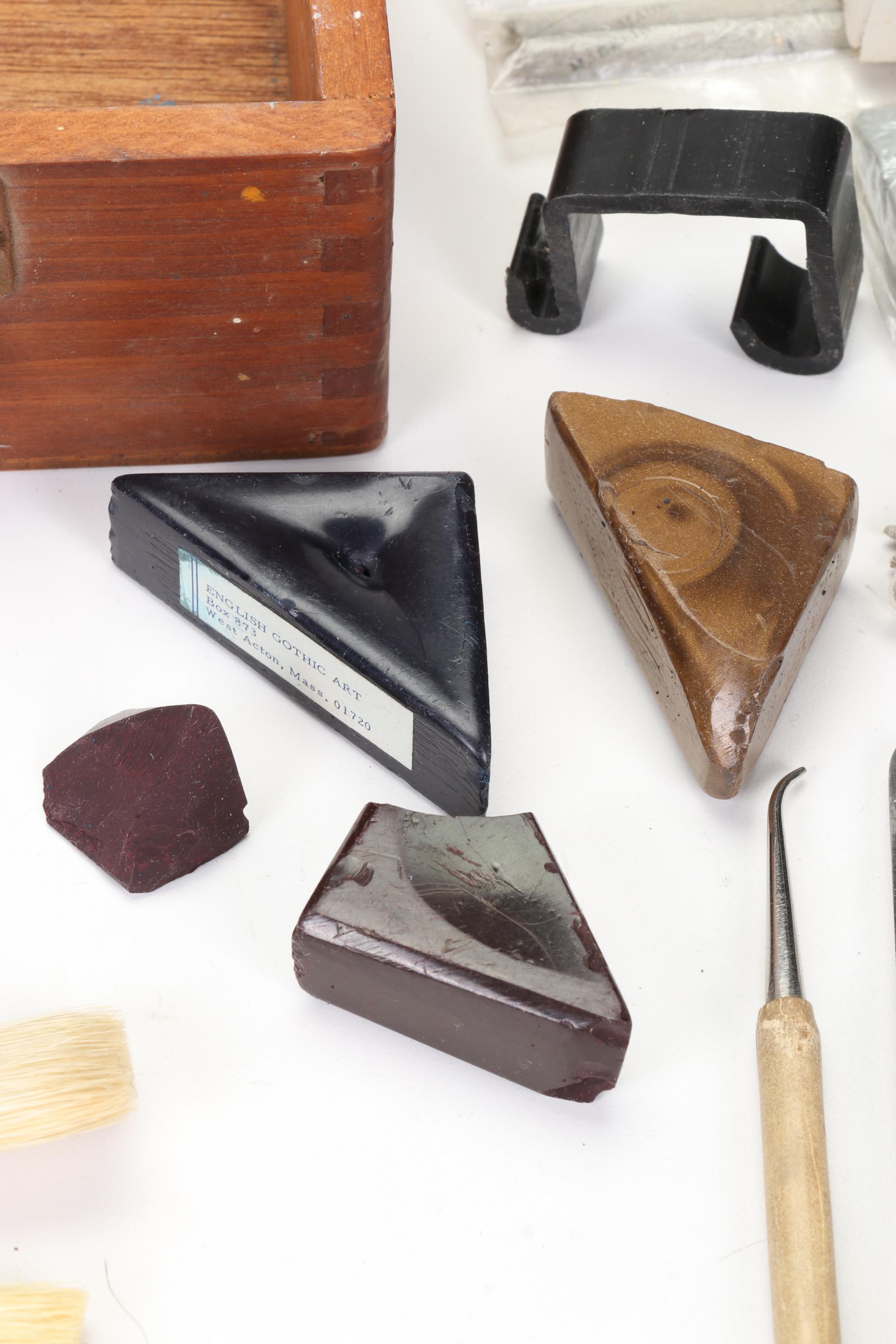 Wood Artist Palette Box With Supplies and Watermedia Paintings