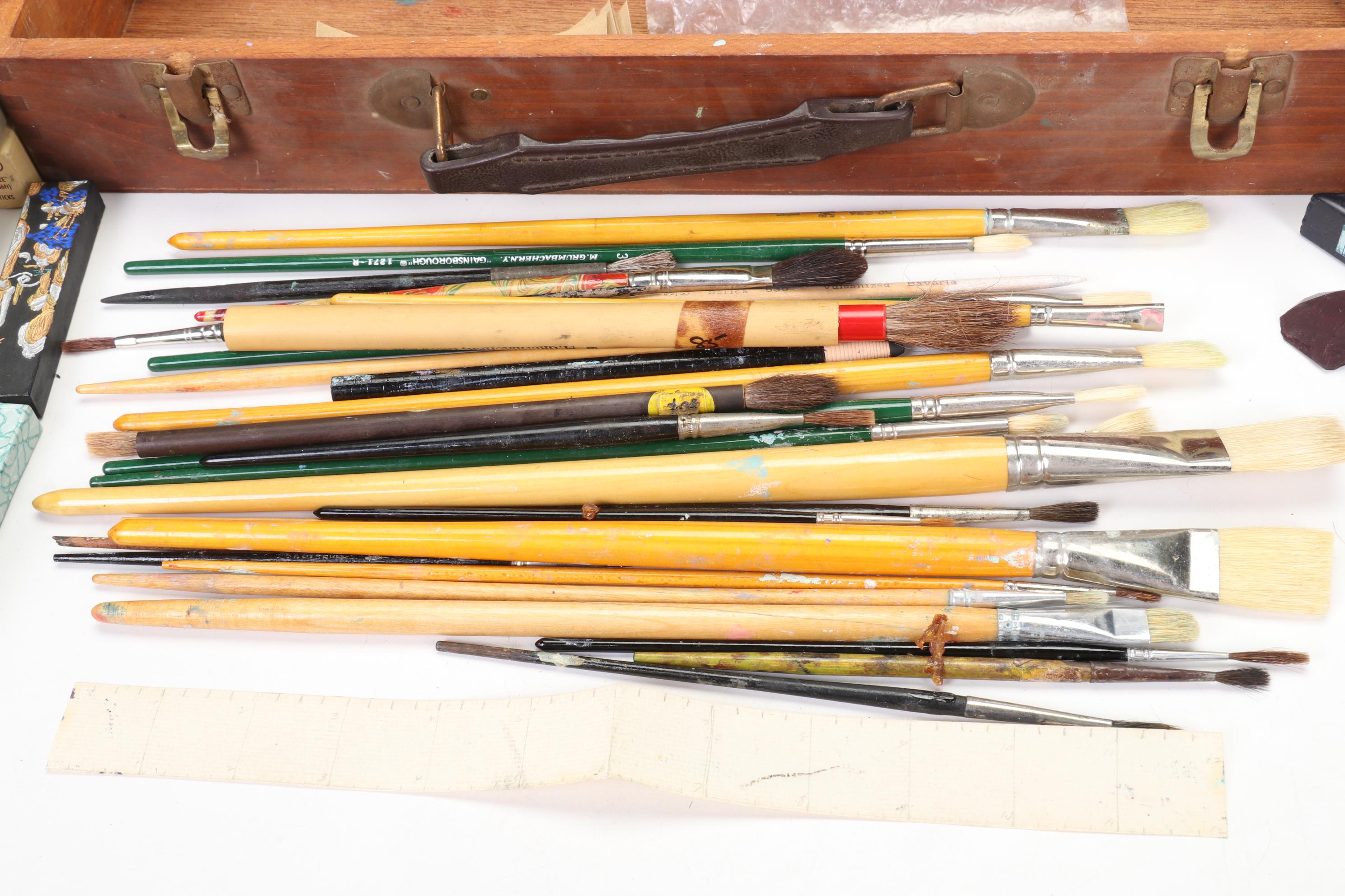 Wood Artist Palette Box With Supplies and Watermedia Paintings