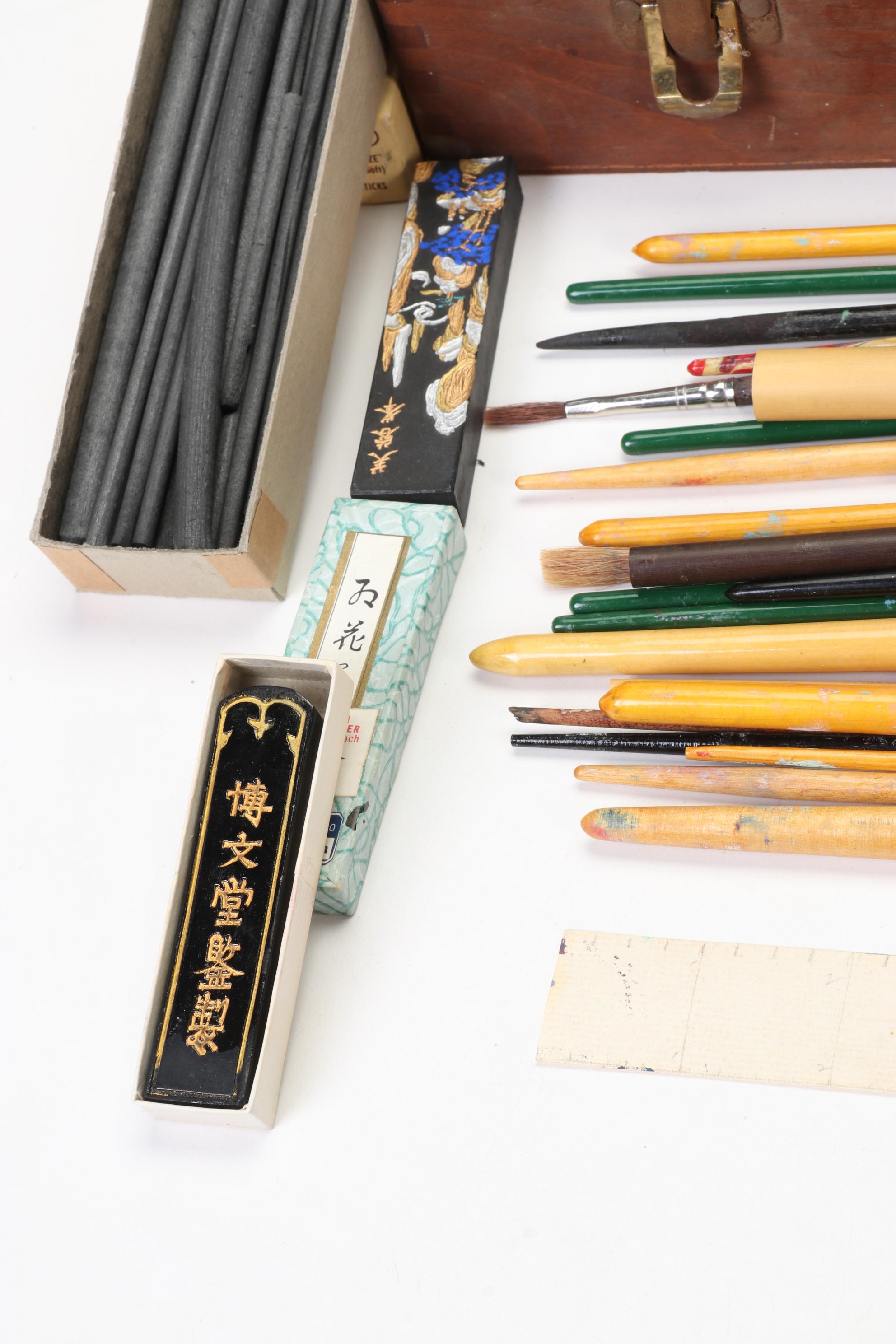 Wood Artist Palette Box With Supplies and Watermedia Paintings