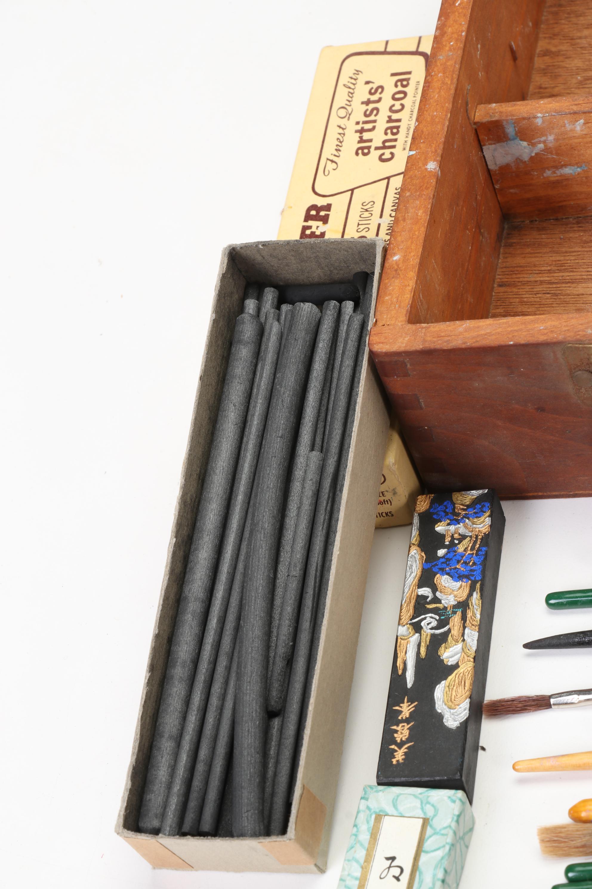 Wood Artist Palette Box With Supplies and Watermedia Paintings