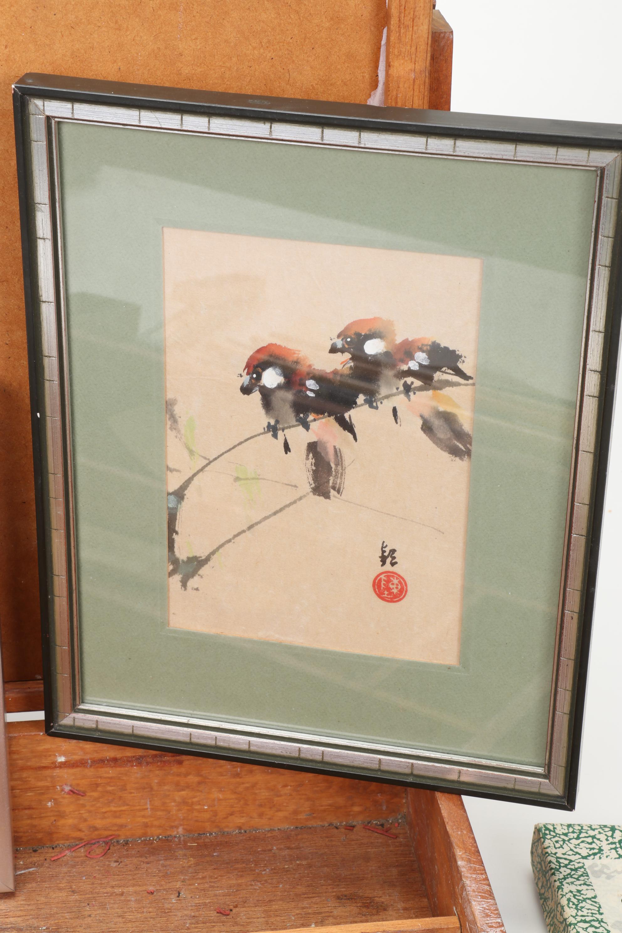 Wood Artist Palette Box With Supplies and Watermedia Paintings