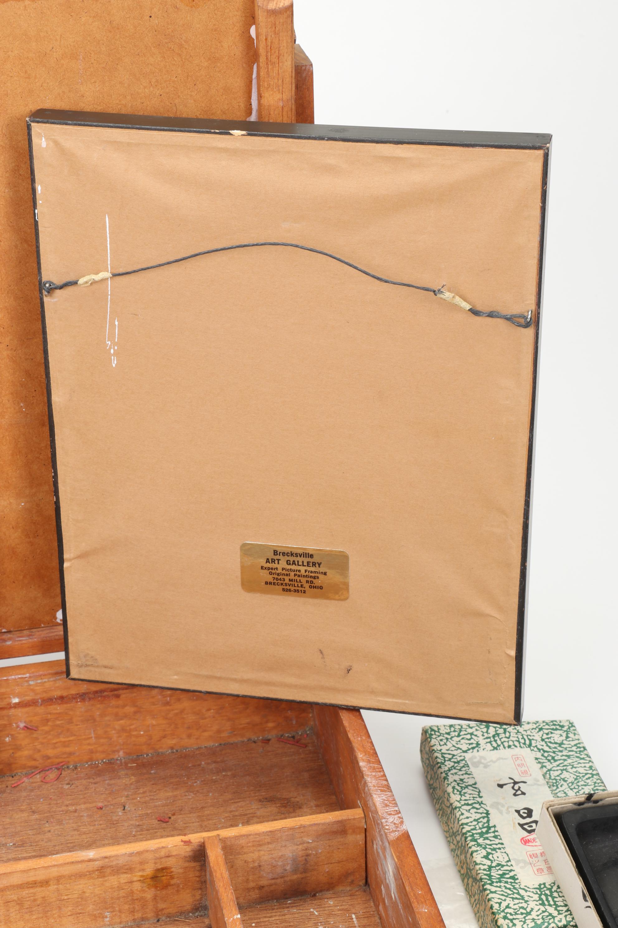 Wood Artist Palette Box With Supplies and Watermedia Paintings