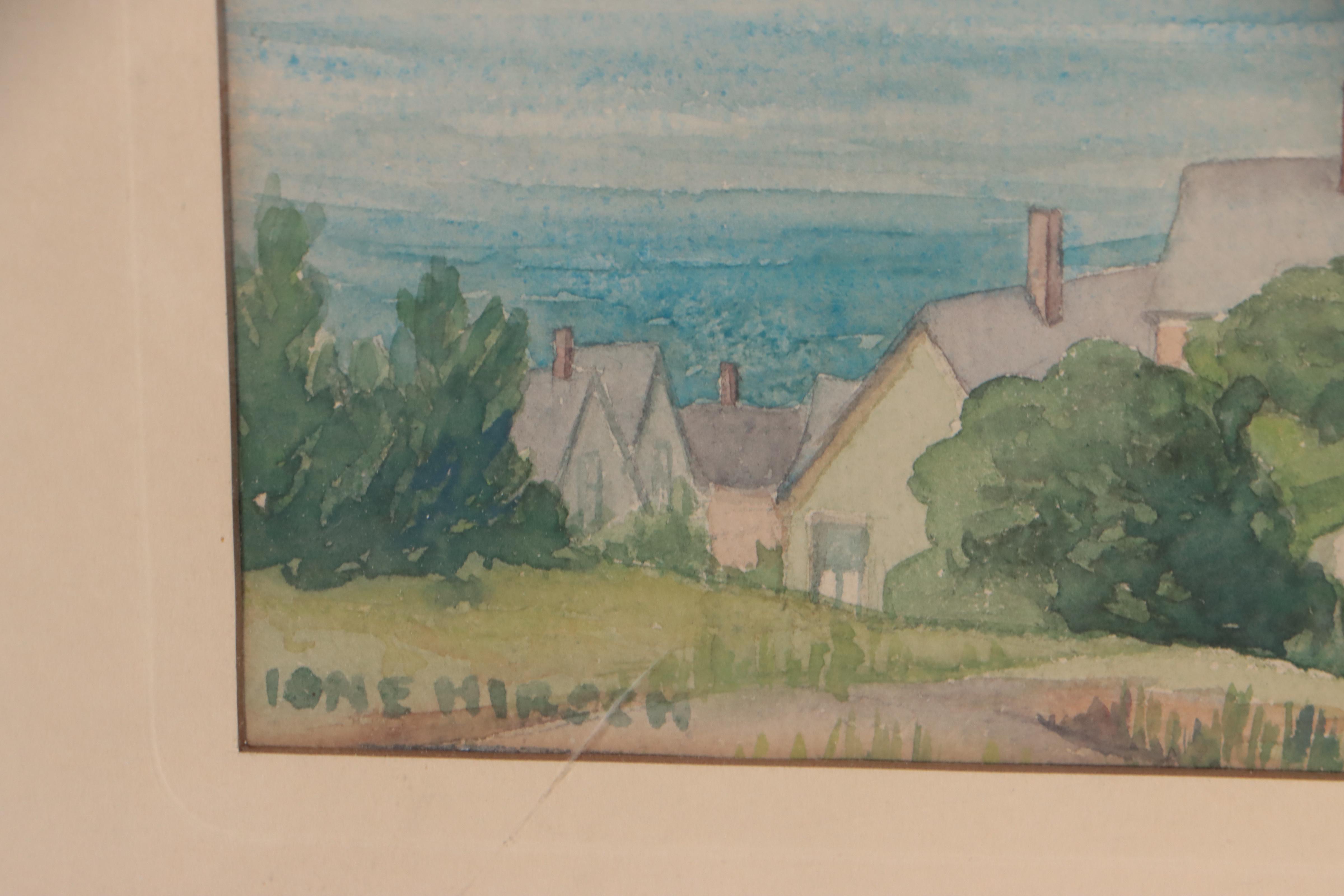 Watercolor Painting of Coastal Village and Rolling Clouds, Mid-20th Century