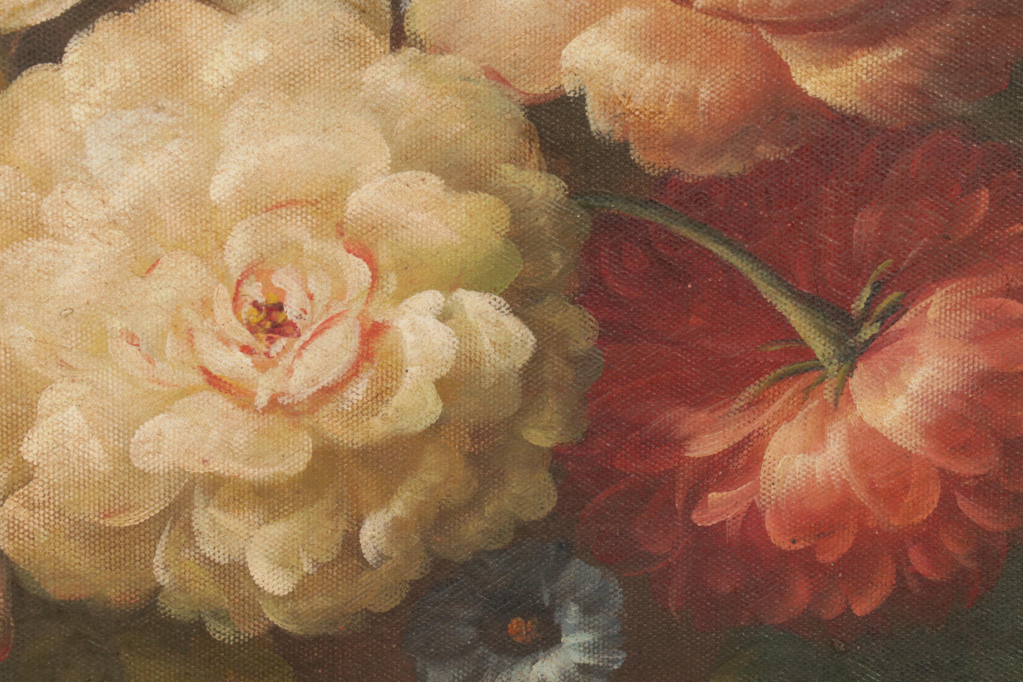 Still Life Oil Painting of Flowers and Grapes, Late 20th Century