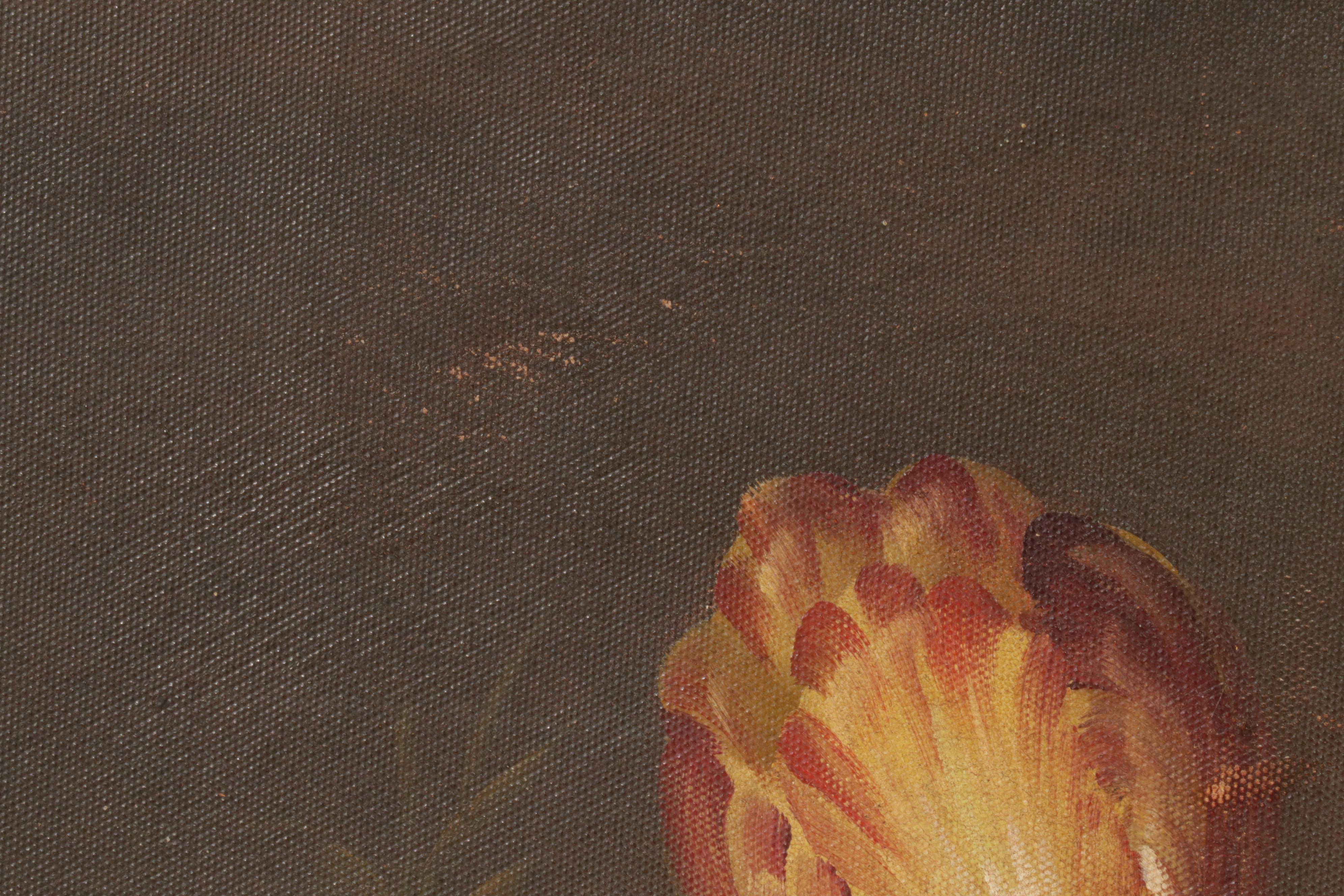 Still Life Oil Painting of Flowers and Grapes, Late 20th Century