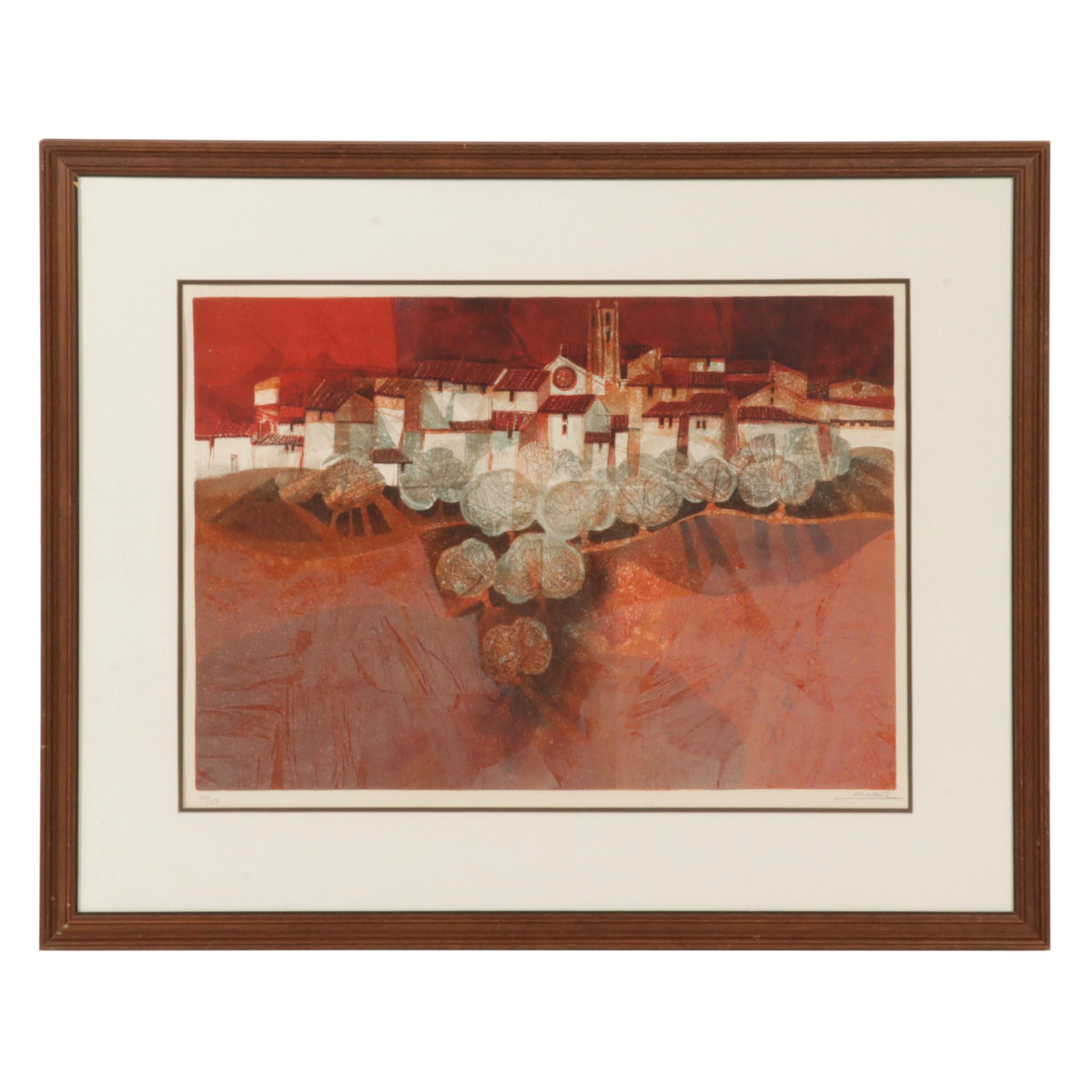 Àlvar Suñol Munoz-Ramos Color Lithograph "El Village Rojo," Circa 1978